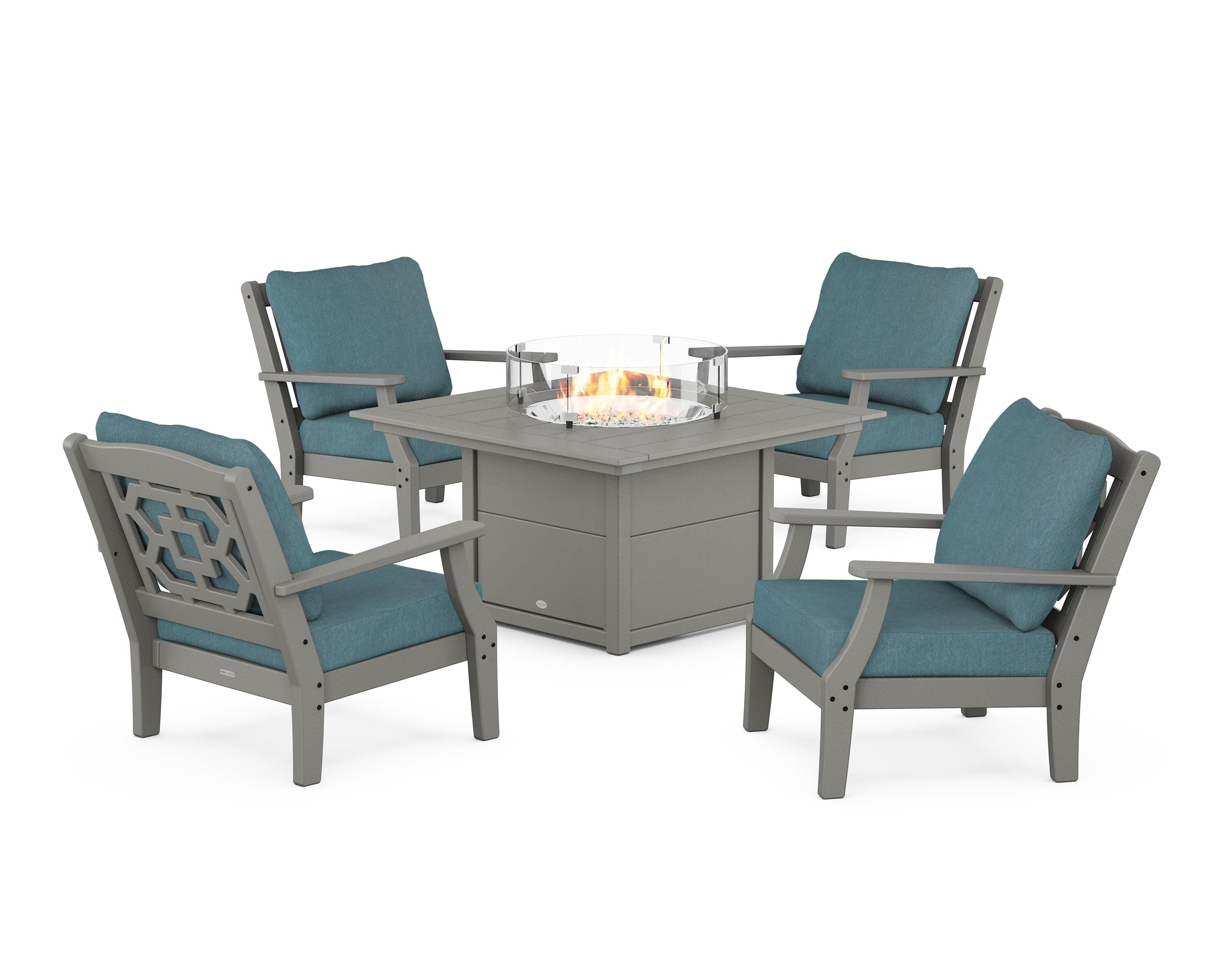 Martha Stewart by POLYWOOD Chinoiserie 5-Piece Deep Seating Set with Fire Pit Table in Slate Grey / Ocean Teal