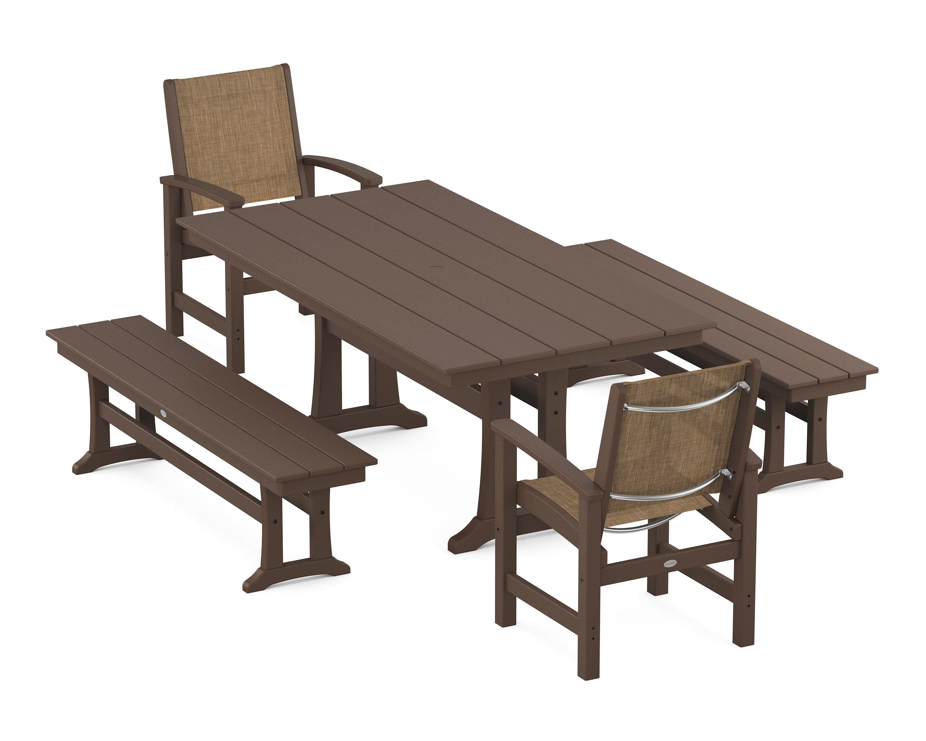 POLYWOOD Coastal 5-Piece Farmhouse Dining Set with Trestle Legs and Benches in Mahogany / Burlap Sling