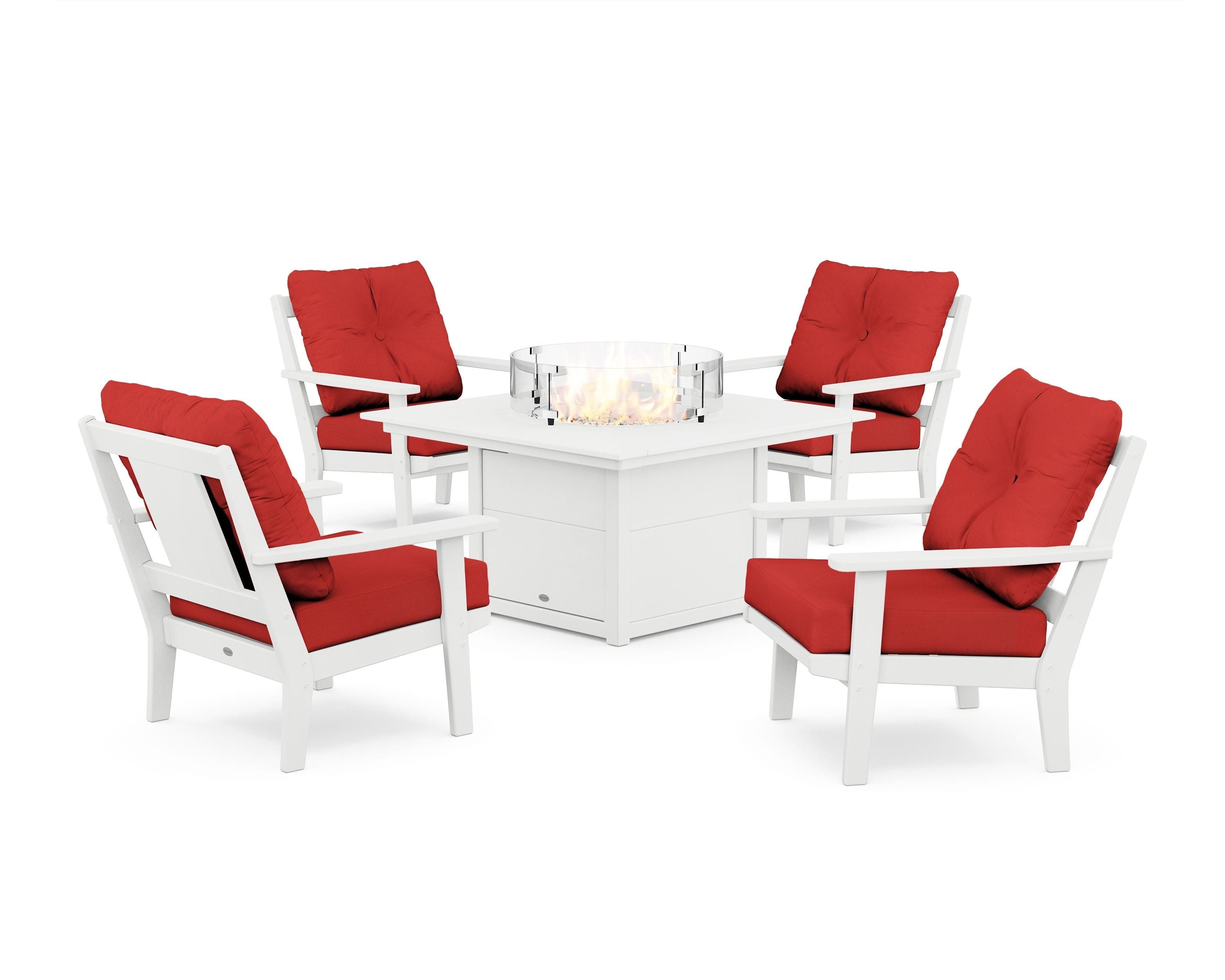 POLYWOOD Prairie 5-Piece Deep Seating Set with Fire Pit Table in White / Crimson Linen