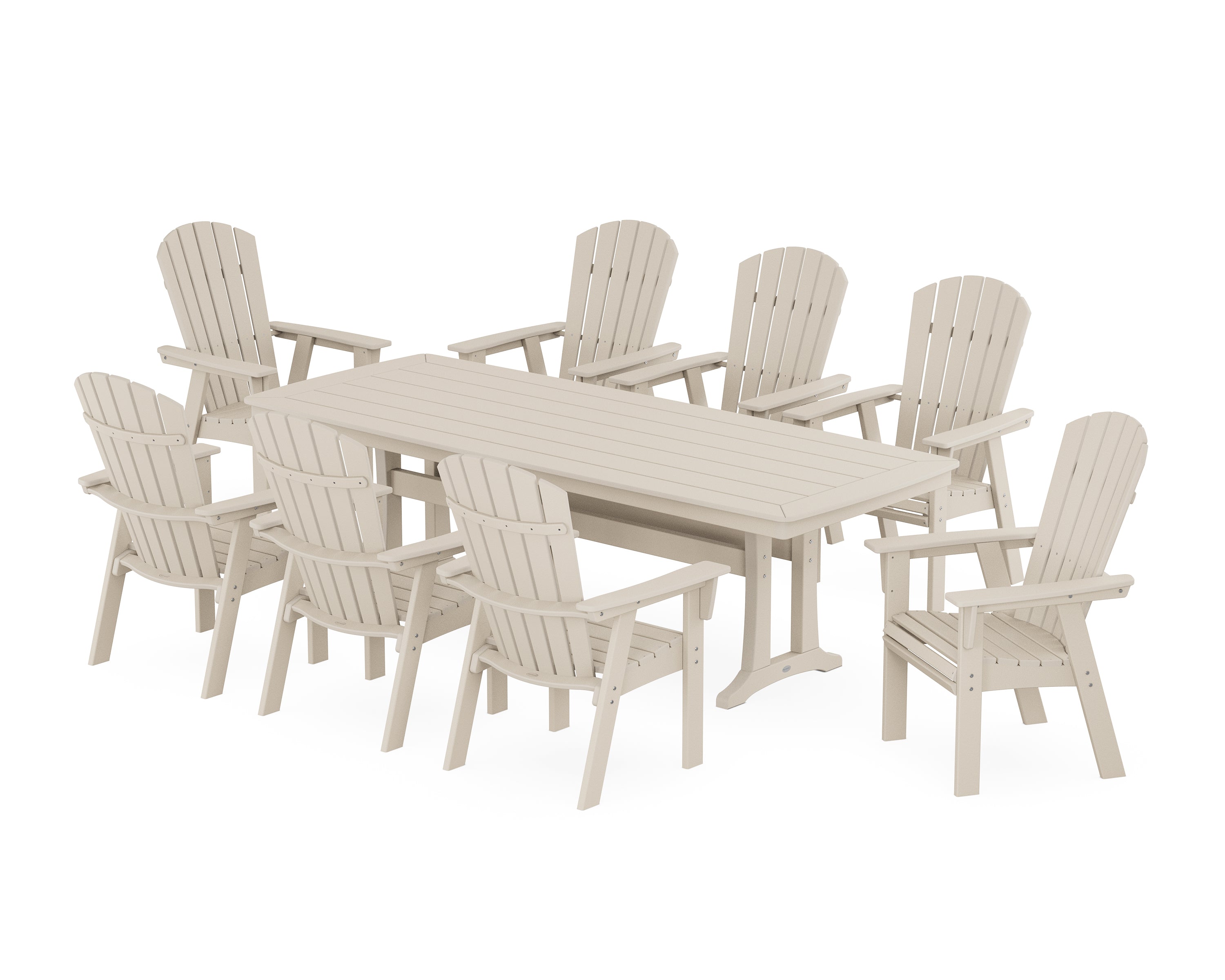 POLYWOOD® Nautical Curveback Adirondack 9-Piece Dining Set with Trestle Legs in Sand