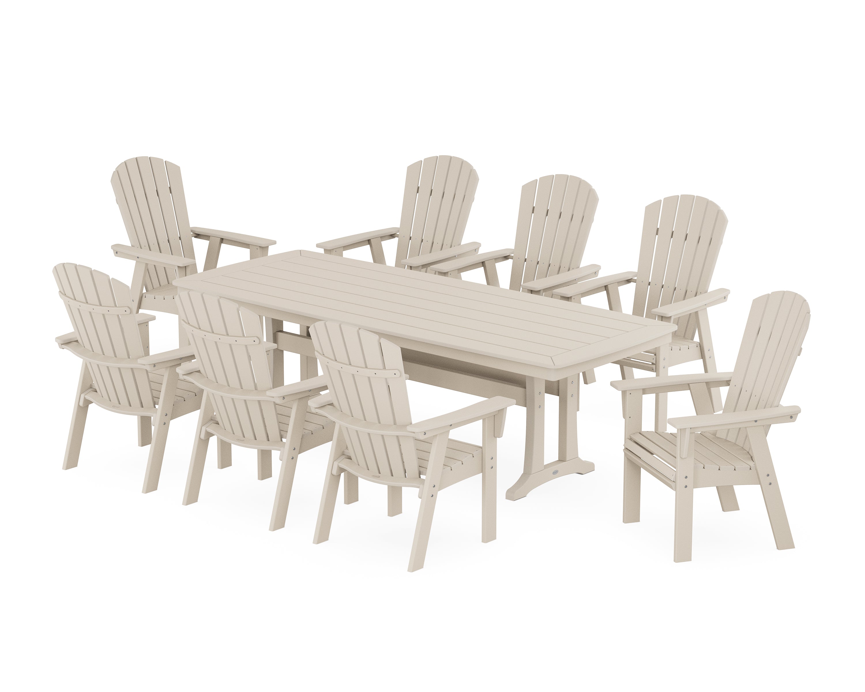 POLYWOOD® Nautical Curveback Adirondack 9-Piece Dining Set with Trestle Legs in Sand