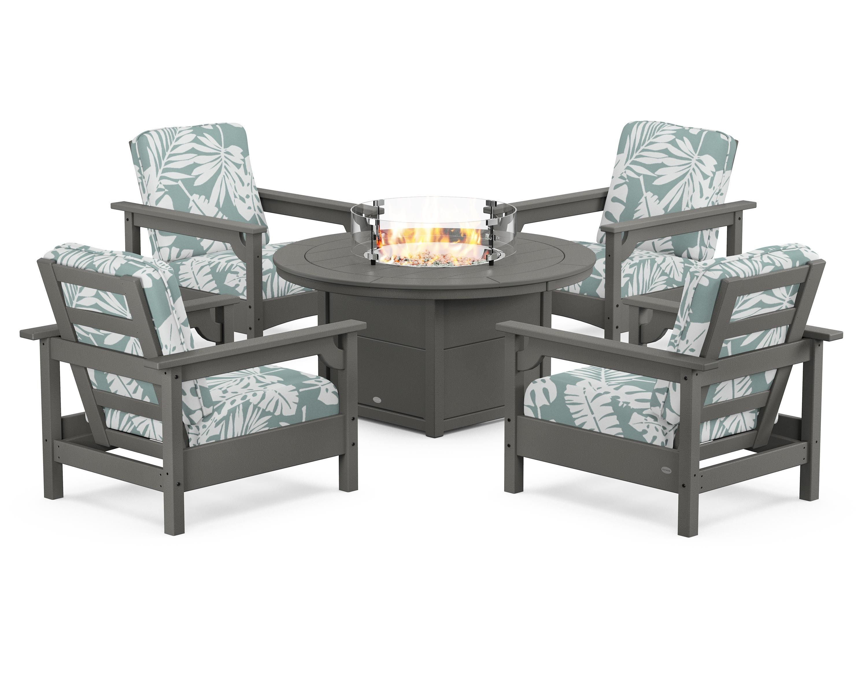POLYWOOD Club 5-Piece Conversation Set with Fire Pit Table in Slate Grey / Leaf Glacier Spa