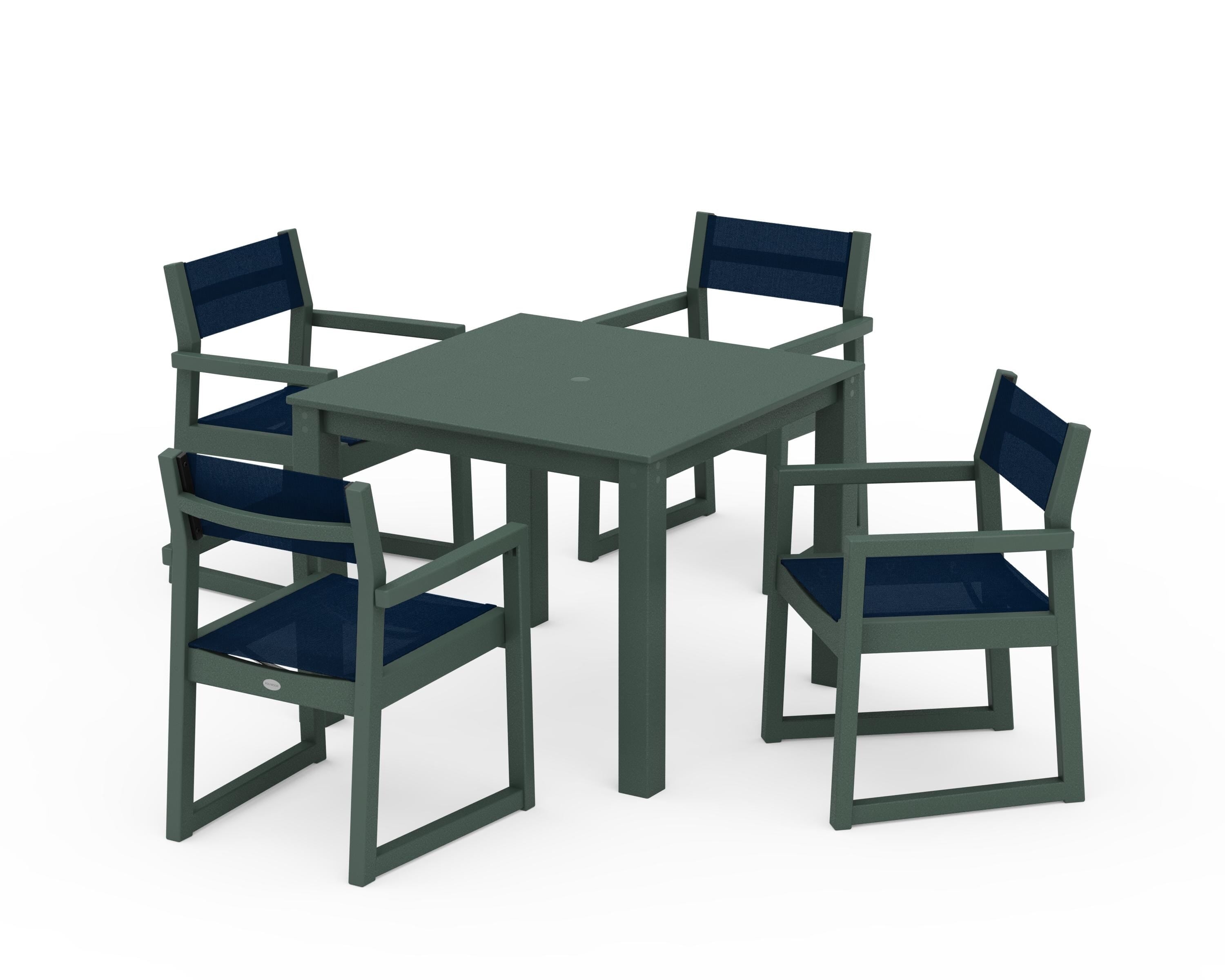 POLYWOOD EDGE Sling Arm Chair 5-Piece Parsons Dining Set in Green / Navy Blue Sling