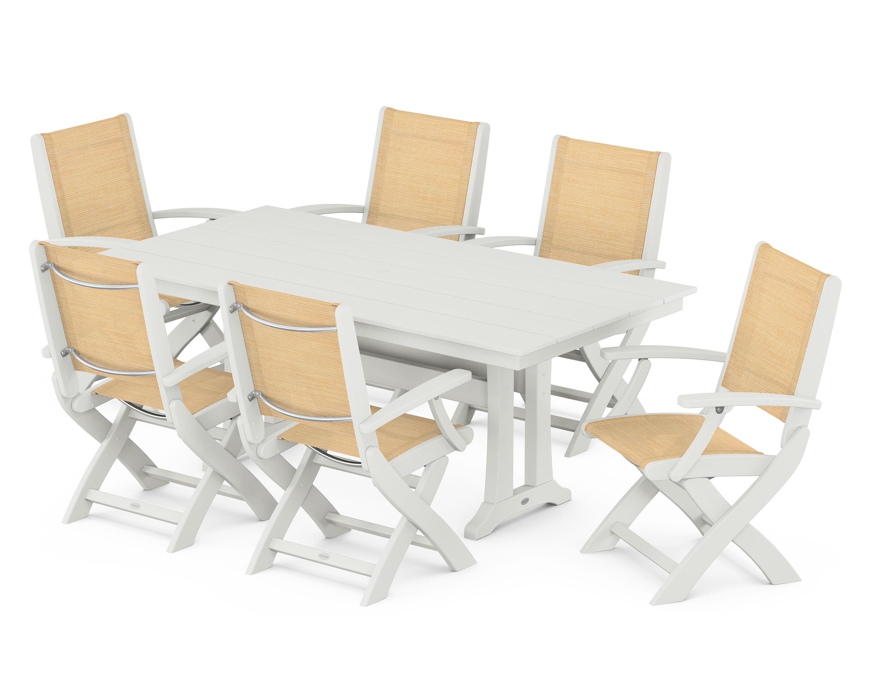 POLYWOOD Coastal Folding Arm Chair 7-Piece Farmhouse Dining Set with Trestle Legs in Vintage White / Dupioni Apricot Sling