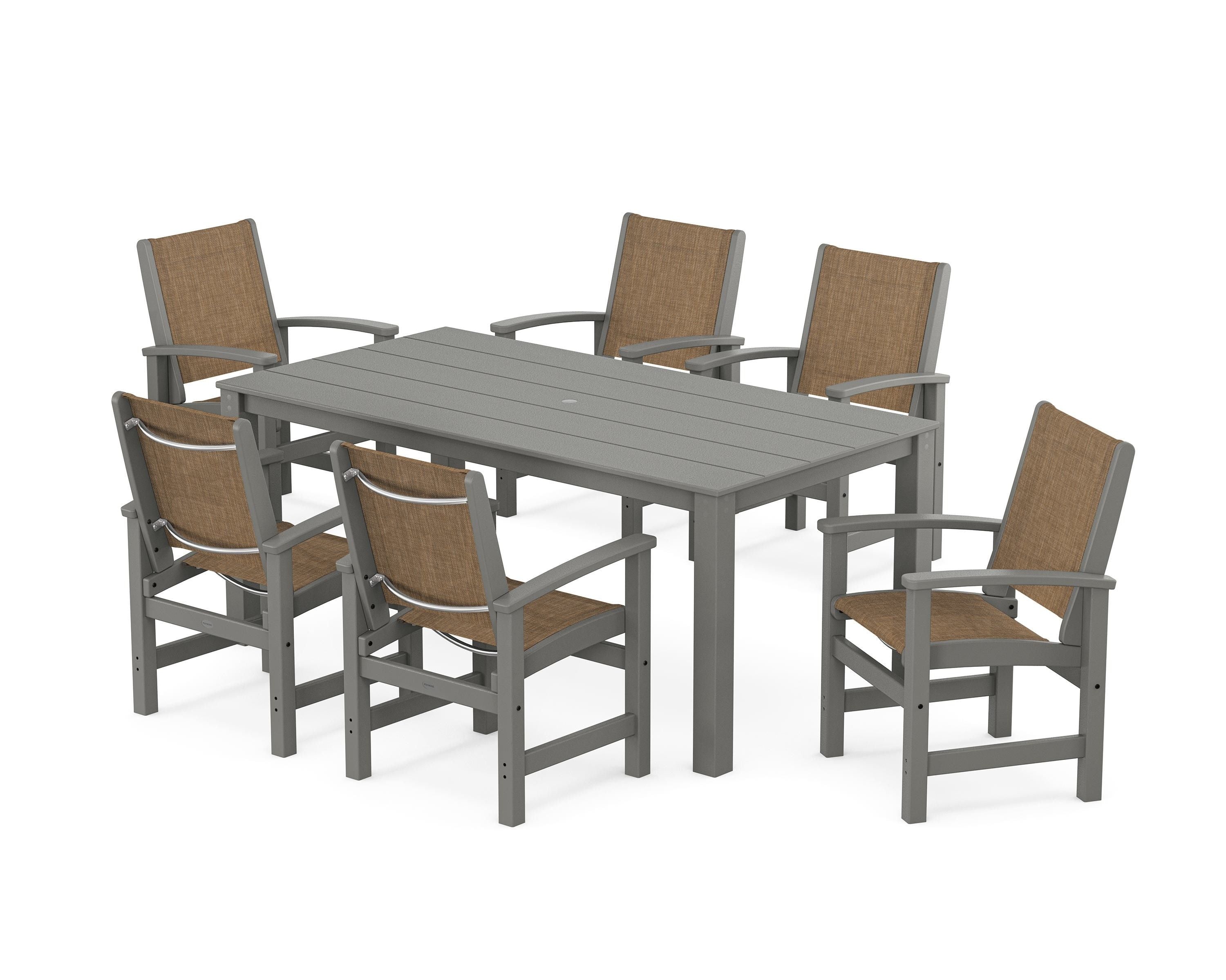 POLYWOOD Coastal 7-Piece Parsons Dining Set in Slate Grey / Burlap Sling