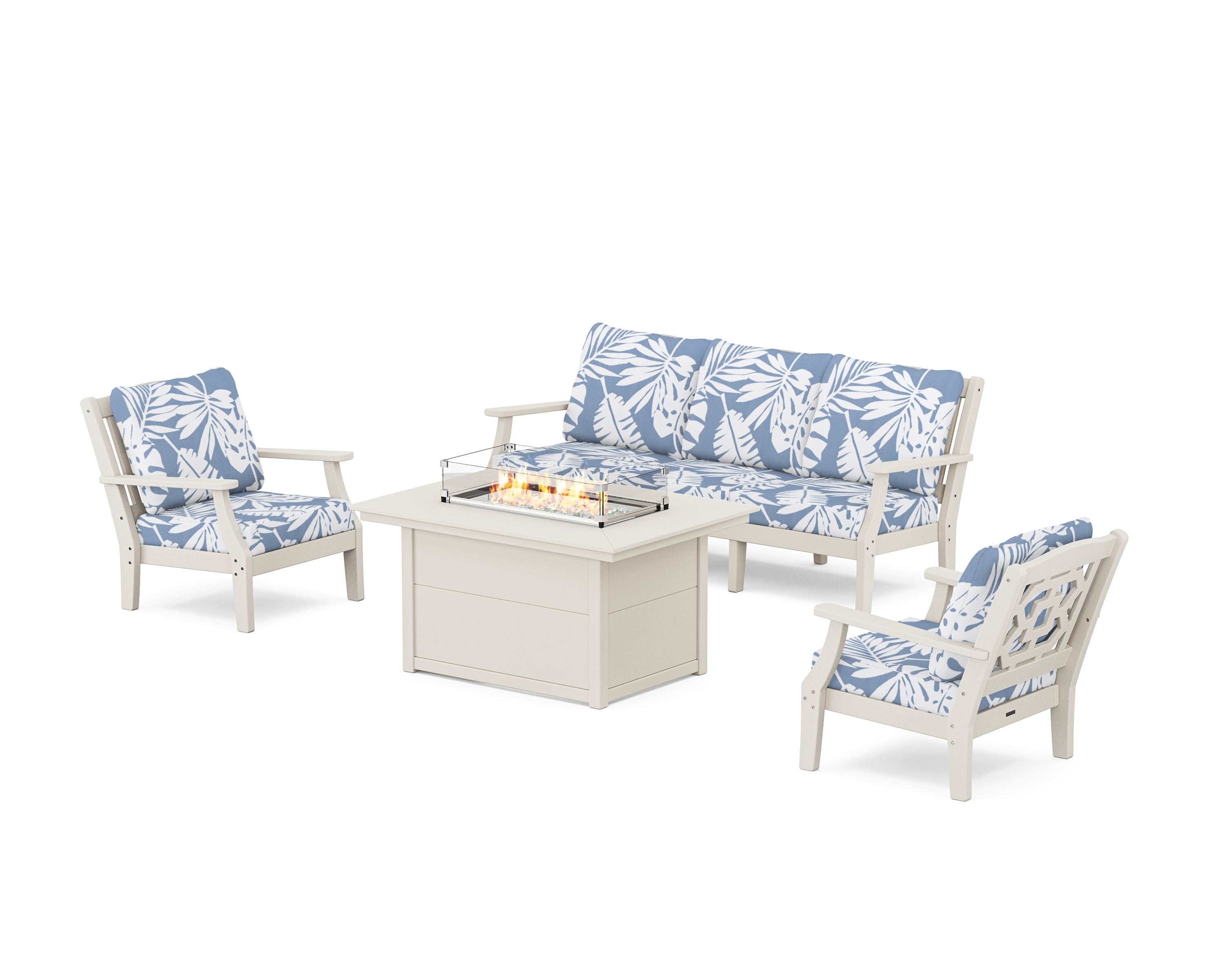 Martha Stewart by POLYWOOD Chinoiserie Deep Seating Fire Pit Table Set in Sand / Leaf Sky Blue
