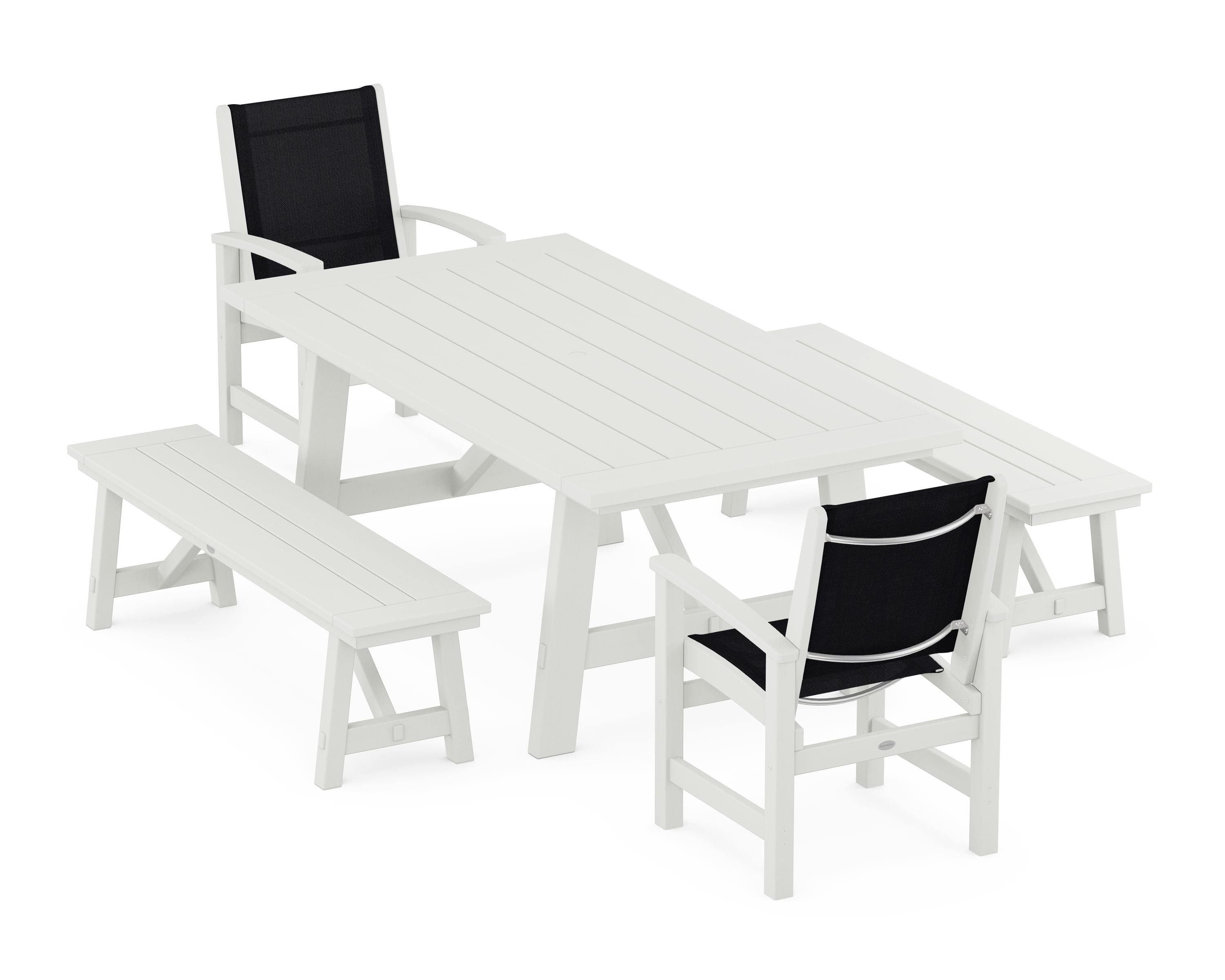 POLYWOOD Coastal 5-Piece Rustic Farmhouse Dining Set With Benches in Vintage White / Black Sling