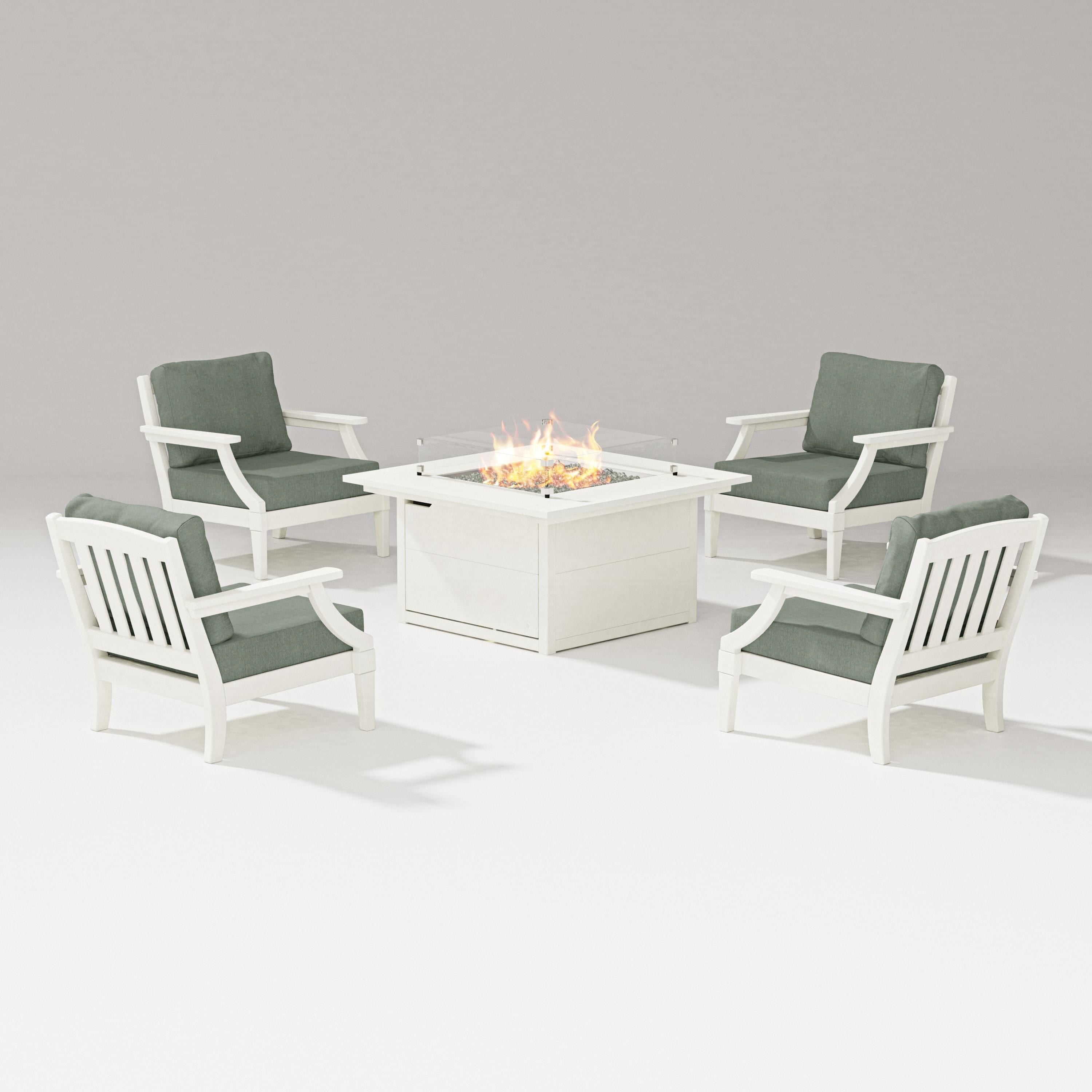 PW Designer Series Estate 5-Piece Lounge Fire Table Set in Vintage White / Cast Sage