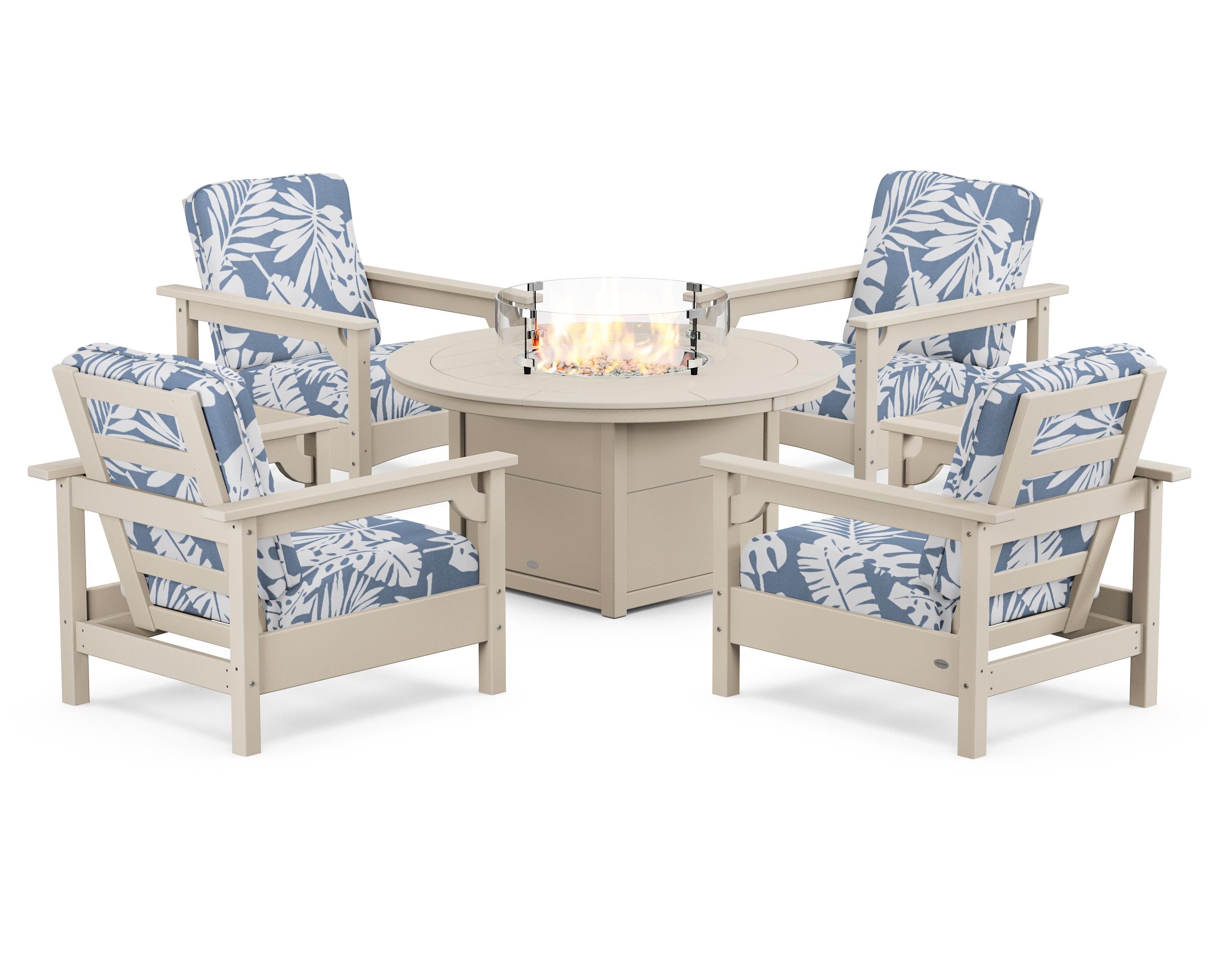 POLYWOOD Club 5-Piece Conversation Set with Fire Pit Table in Sand / Leaf Sky Blue