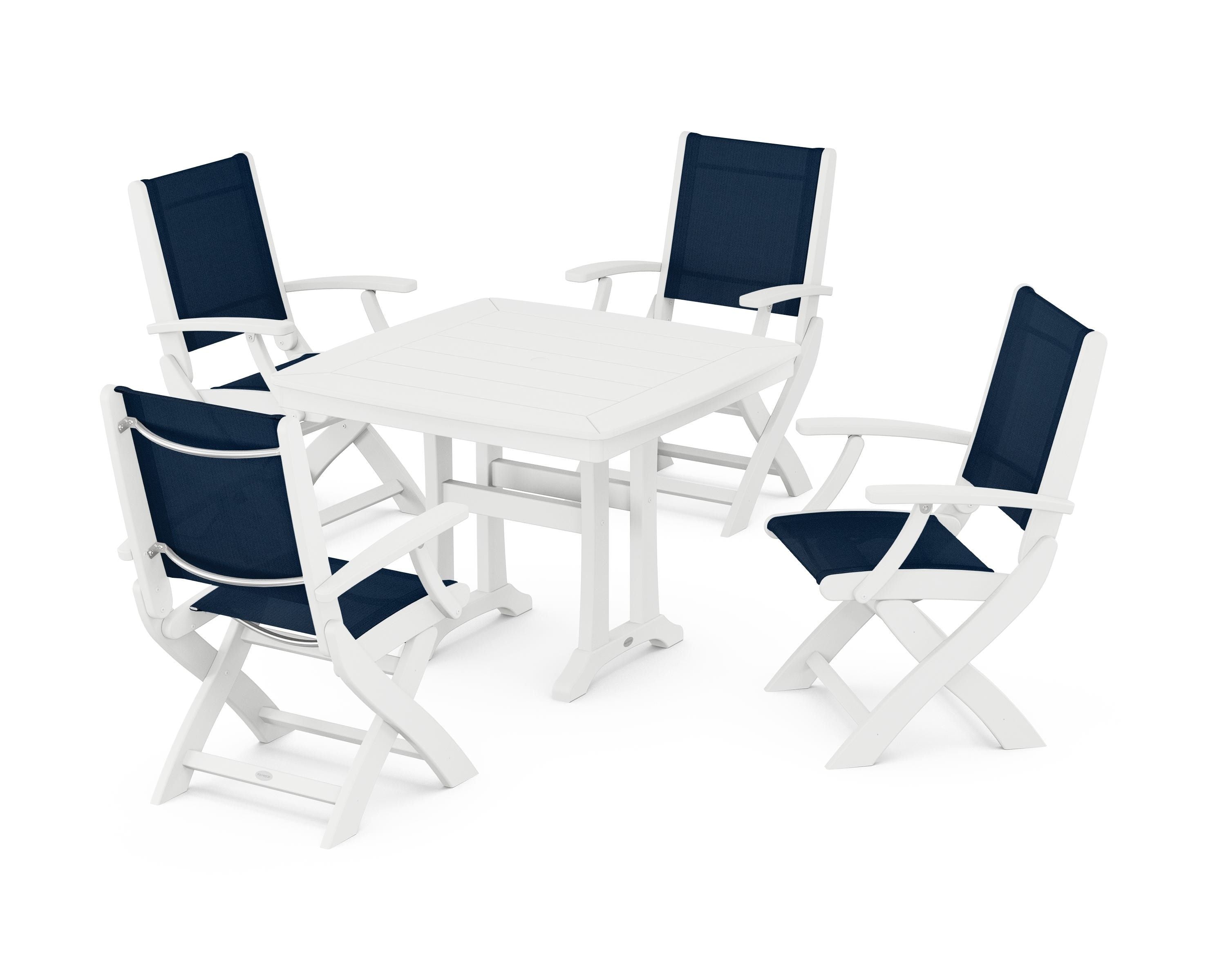 POLYWOOD Coastal Folding Chair 5-Piece Dining Set with Trestle Legs in White / Navy Blue Sling