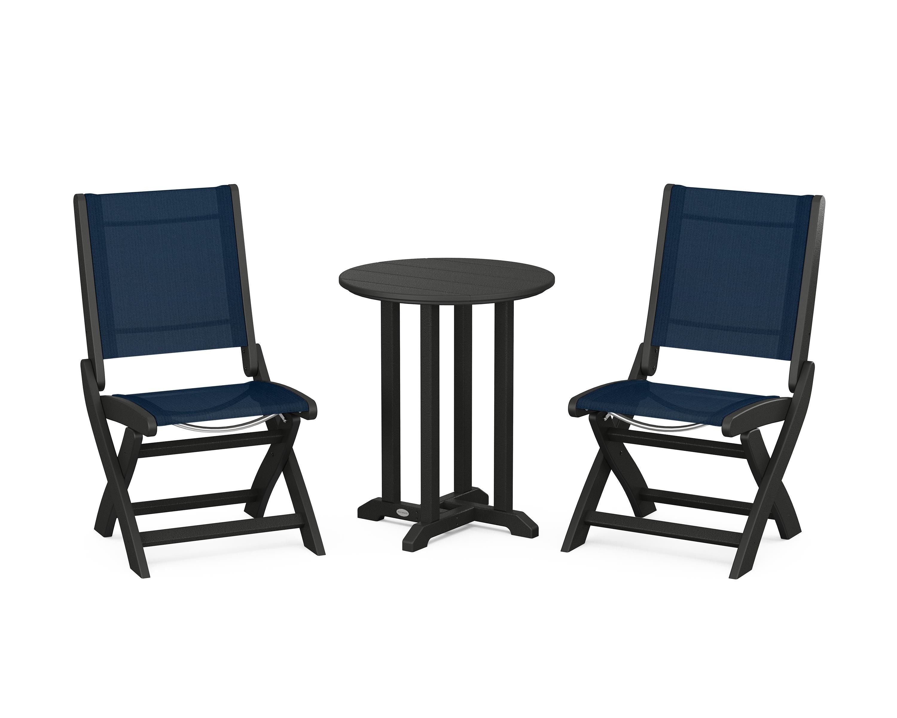 POLYWOOD Coastal Folding Side Chair 3-Piece Round Bistro Dining Set in Black / Navy Blue Sling