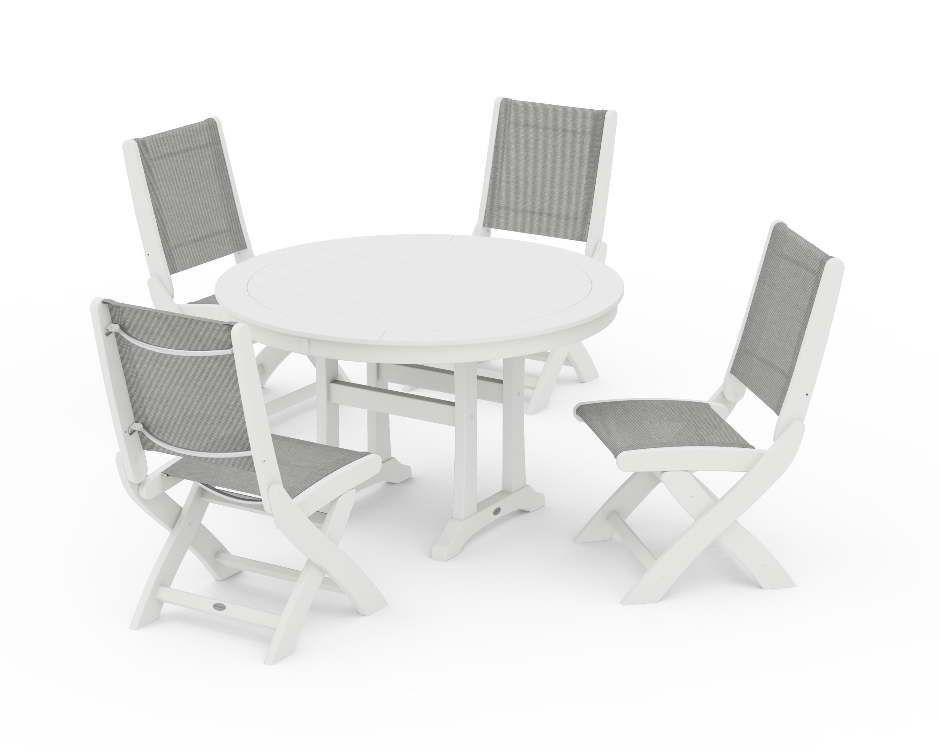 POLYWOOD Coastal Folding Side Chair 5-Piece Round Dining Set With Trestle Legs in White / Metallic Sling