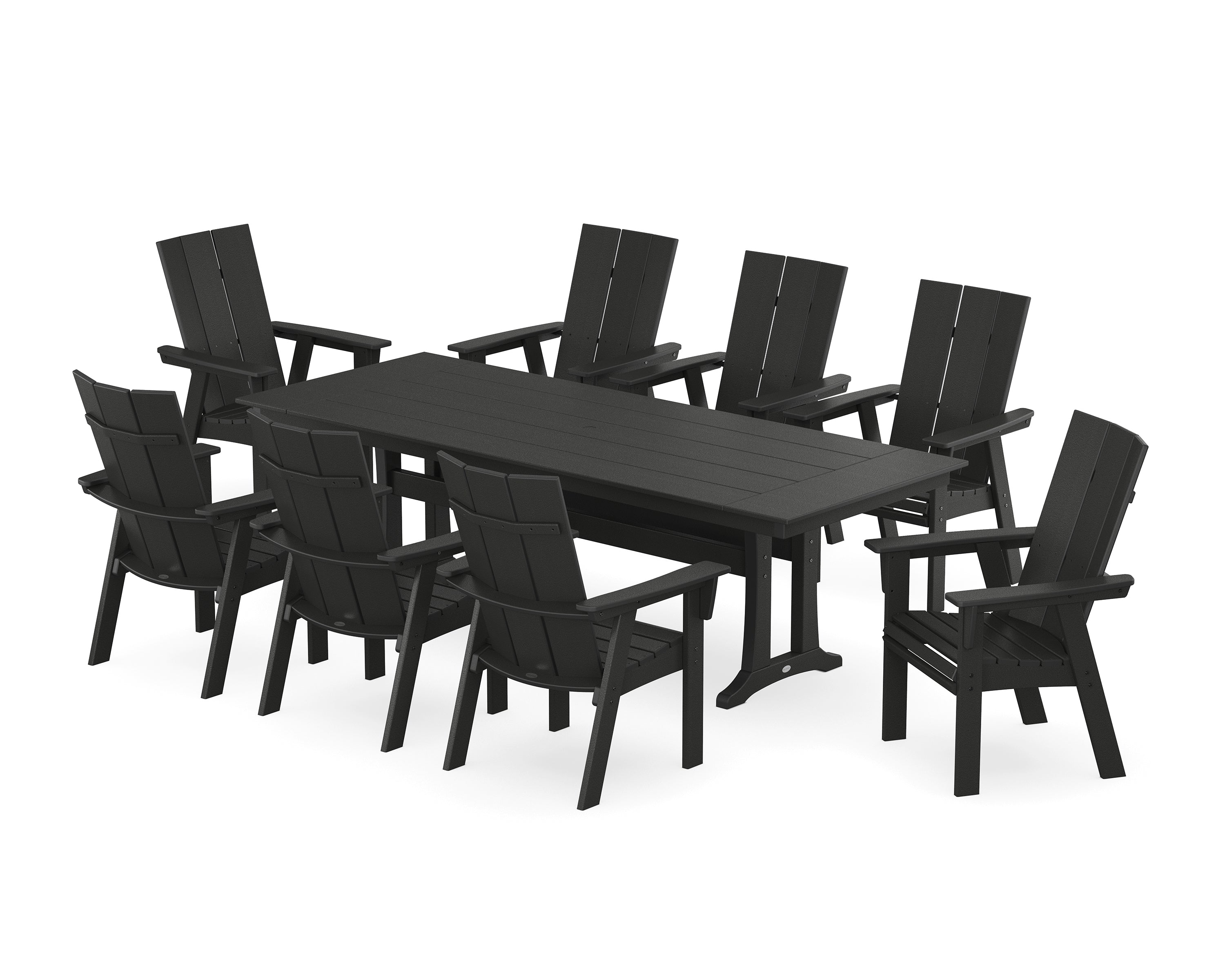 POLYWOOD® Modern Curveback Adirondack 9-Piece Farmhouse Dining Set with Trestle Legs in Black