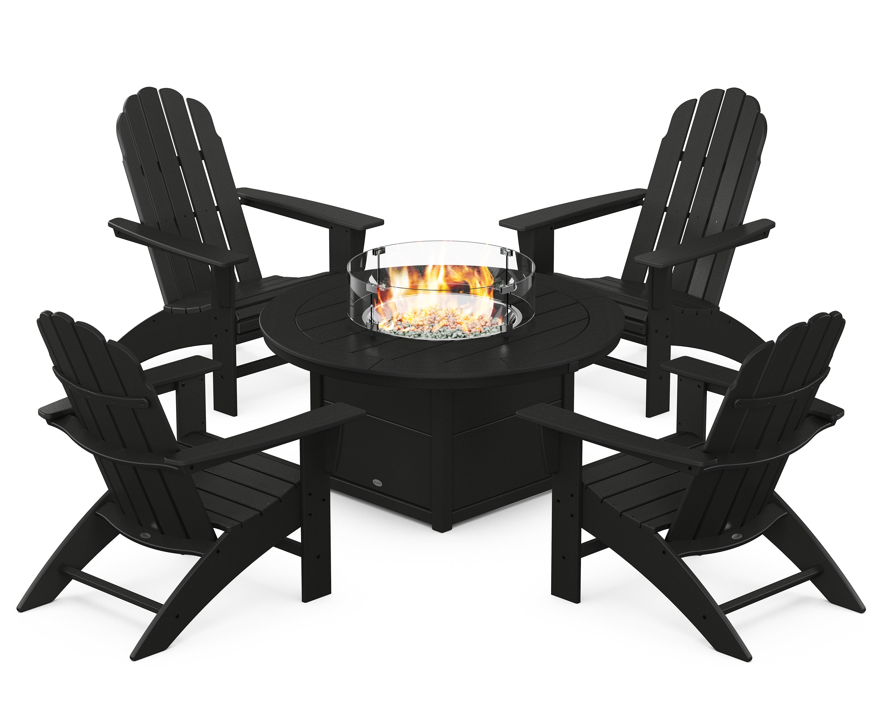 POLYWOOD® Vineyard Curveback Adirondack 5-Piece Conversation Set with Fire Pit Table in Black