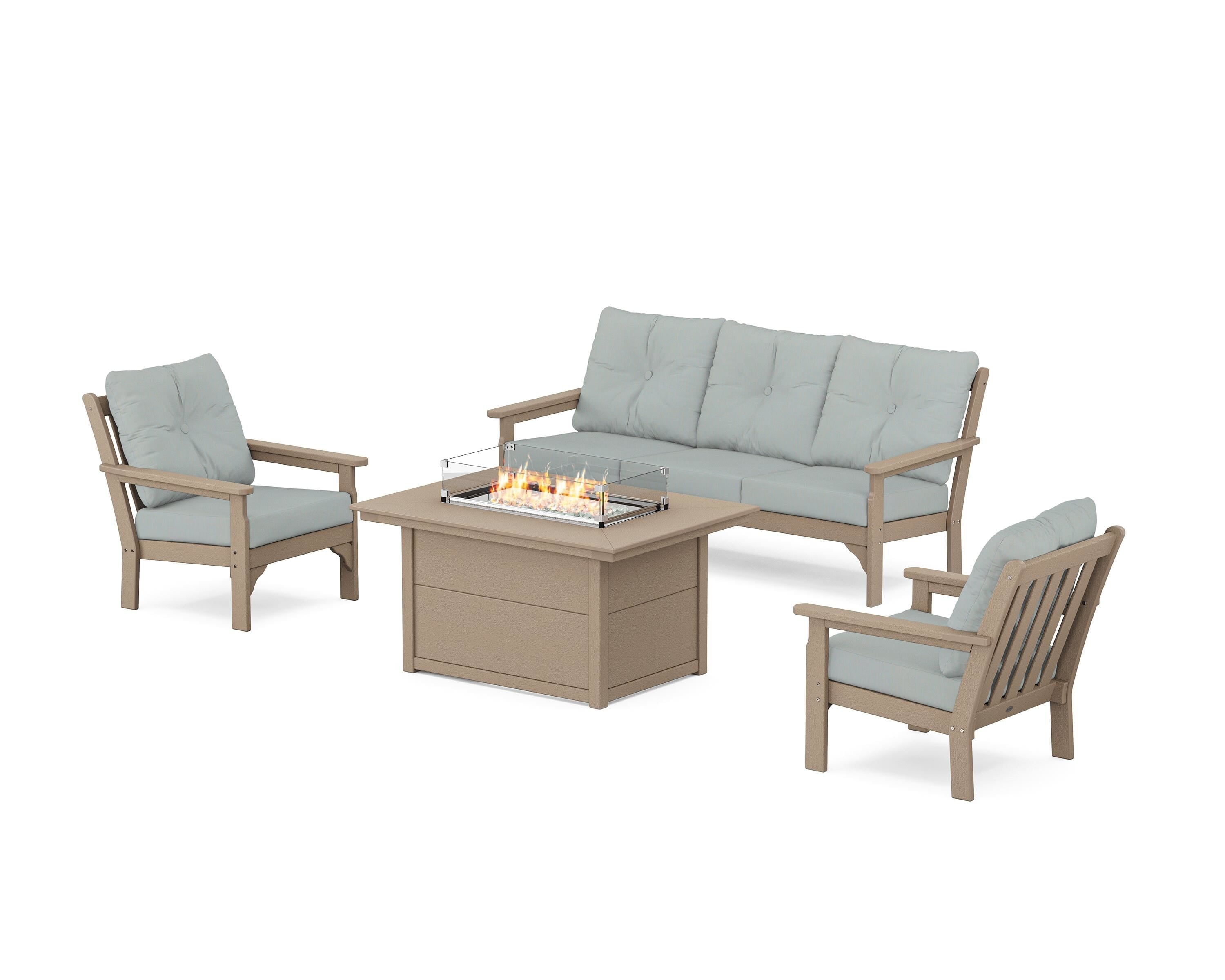 POLYWOOD Vineyard Deep Seating Fire Pit Table Set in Vintage Sahara / Spa