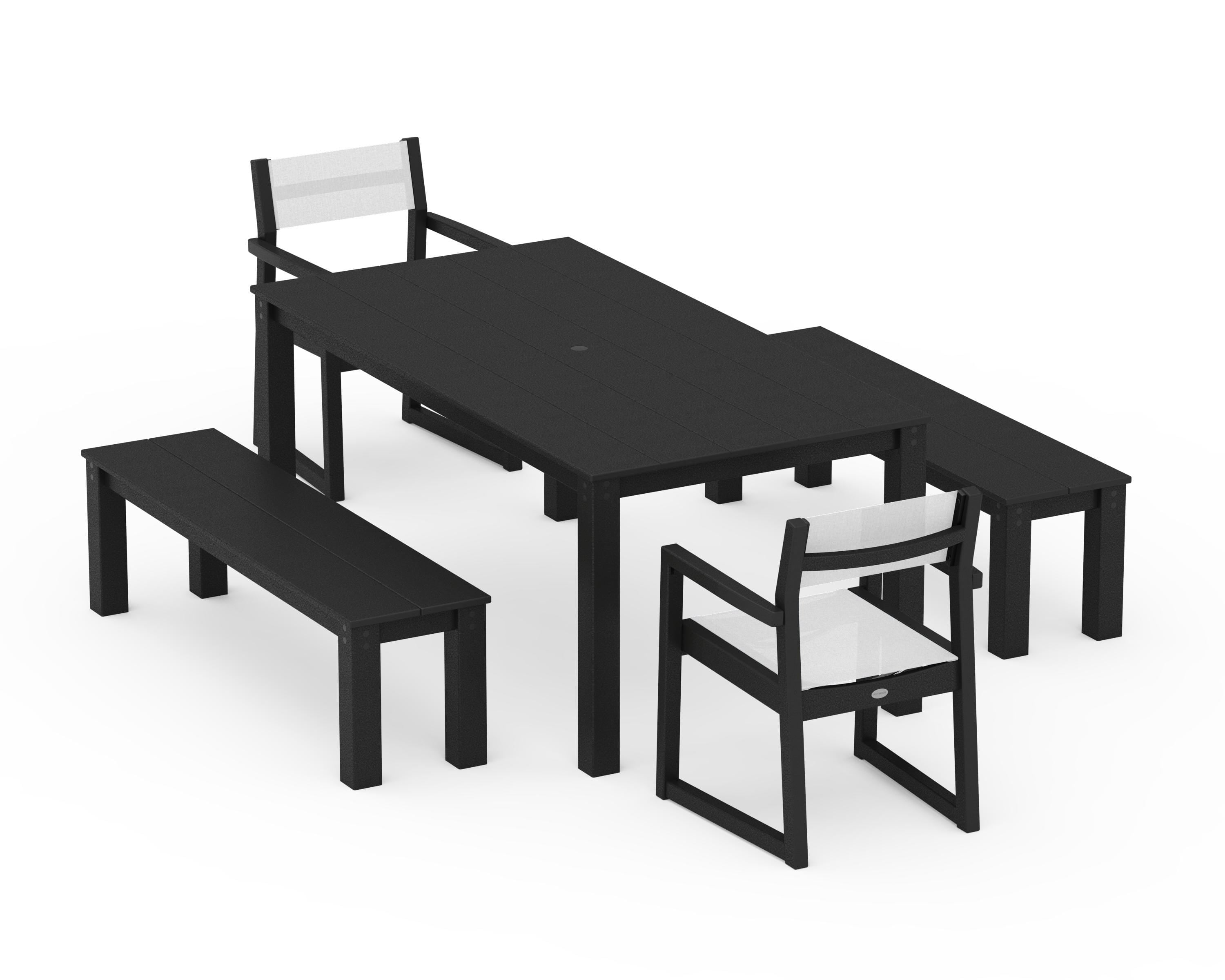 POLYWOOD EDGE Sling Arm Chair 5-Piece Parsons Dining Set with Benches in Black / White Sling