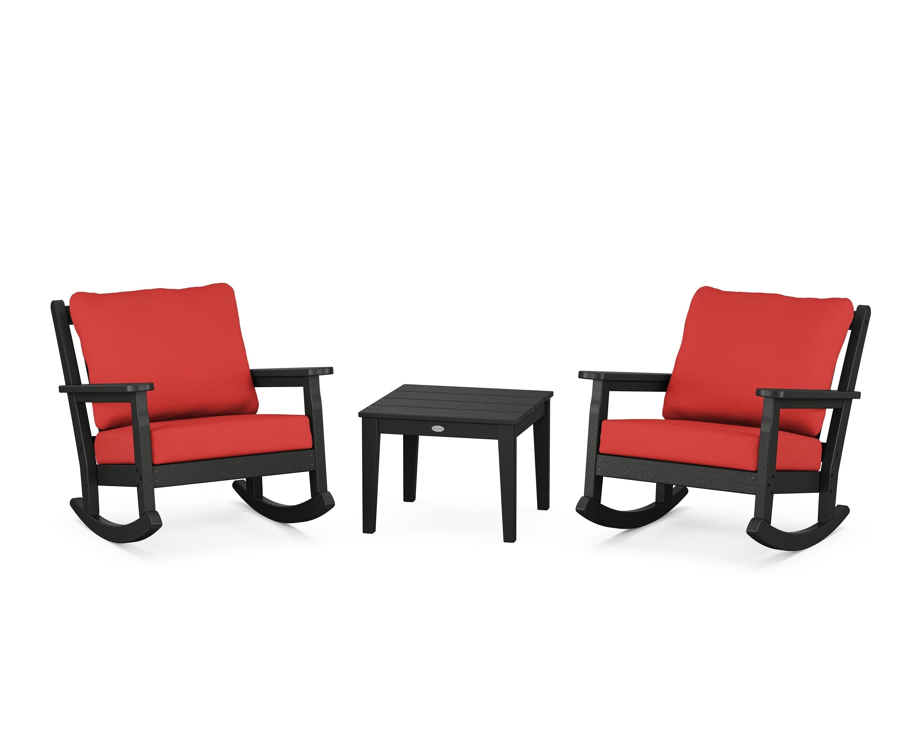 POLYWOOD Chippendale 3-Piece Deep Seating Rocker Set in Black / Crimson Linen
