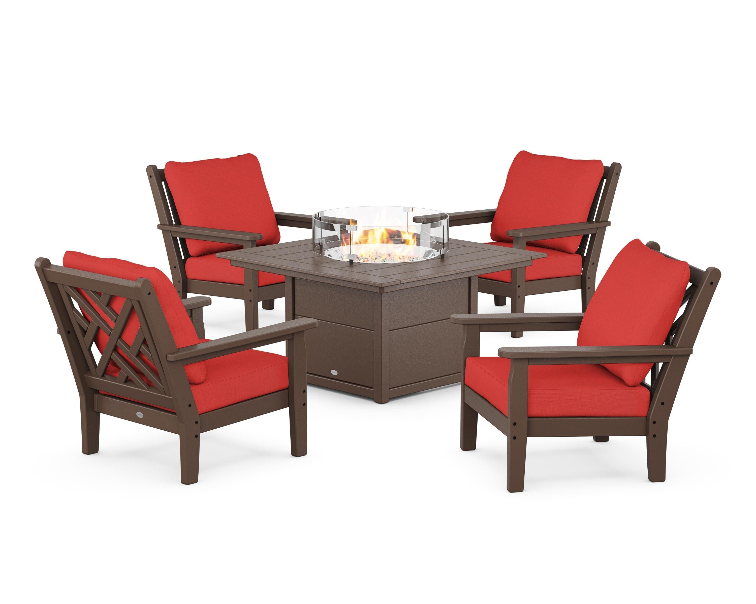 POLYWOOD Chippendale 5-Piece Deep Seating Set with Fire Pit Table in Mahogany / Crimson Linen