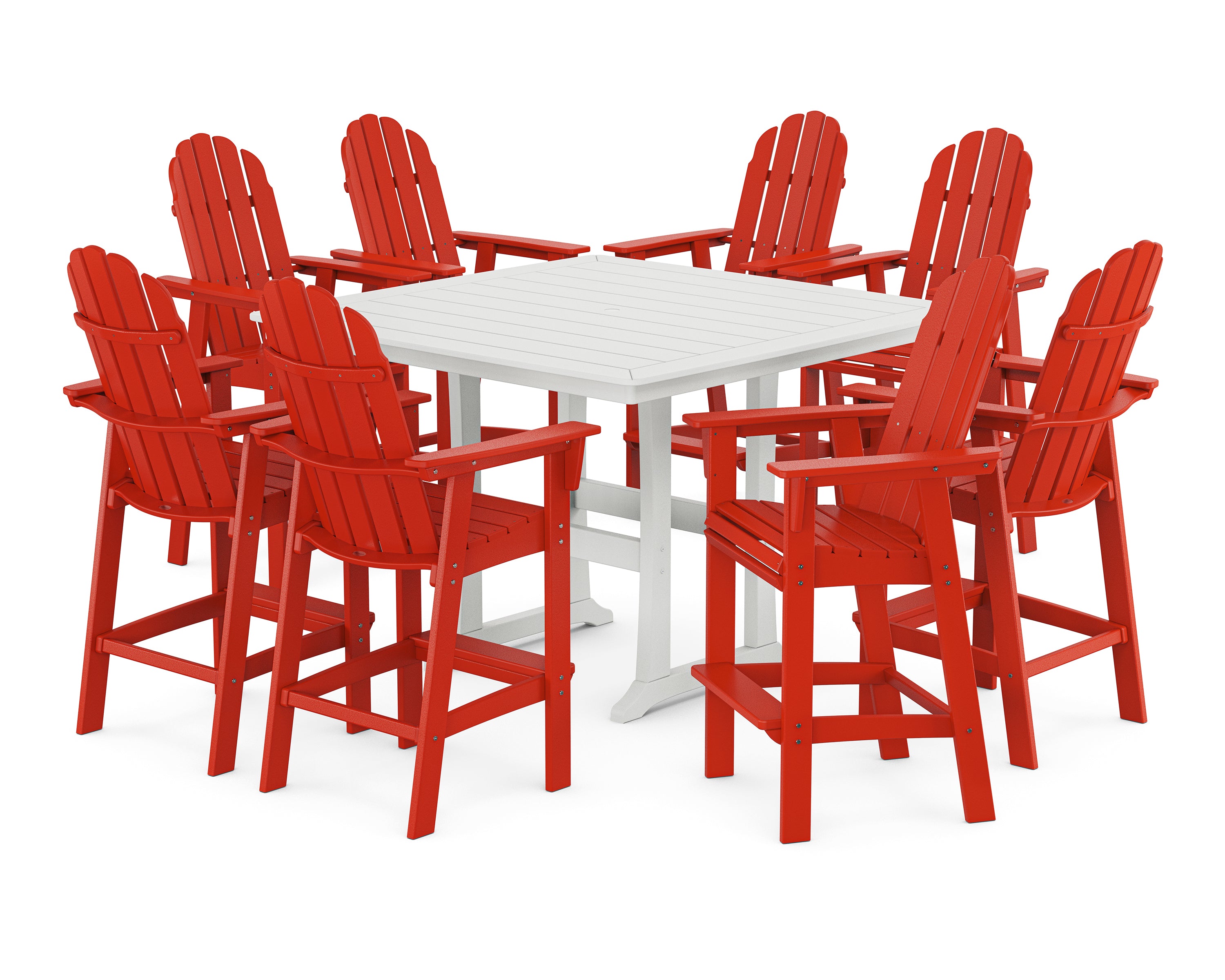 POLYWOOD® Vineyard Curveback Adirondack 9-Piece Trestle Bar Set in Sunset Red / White