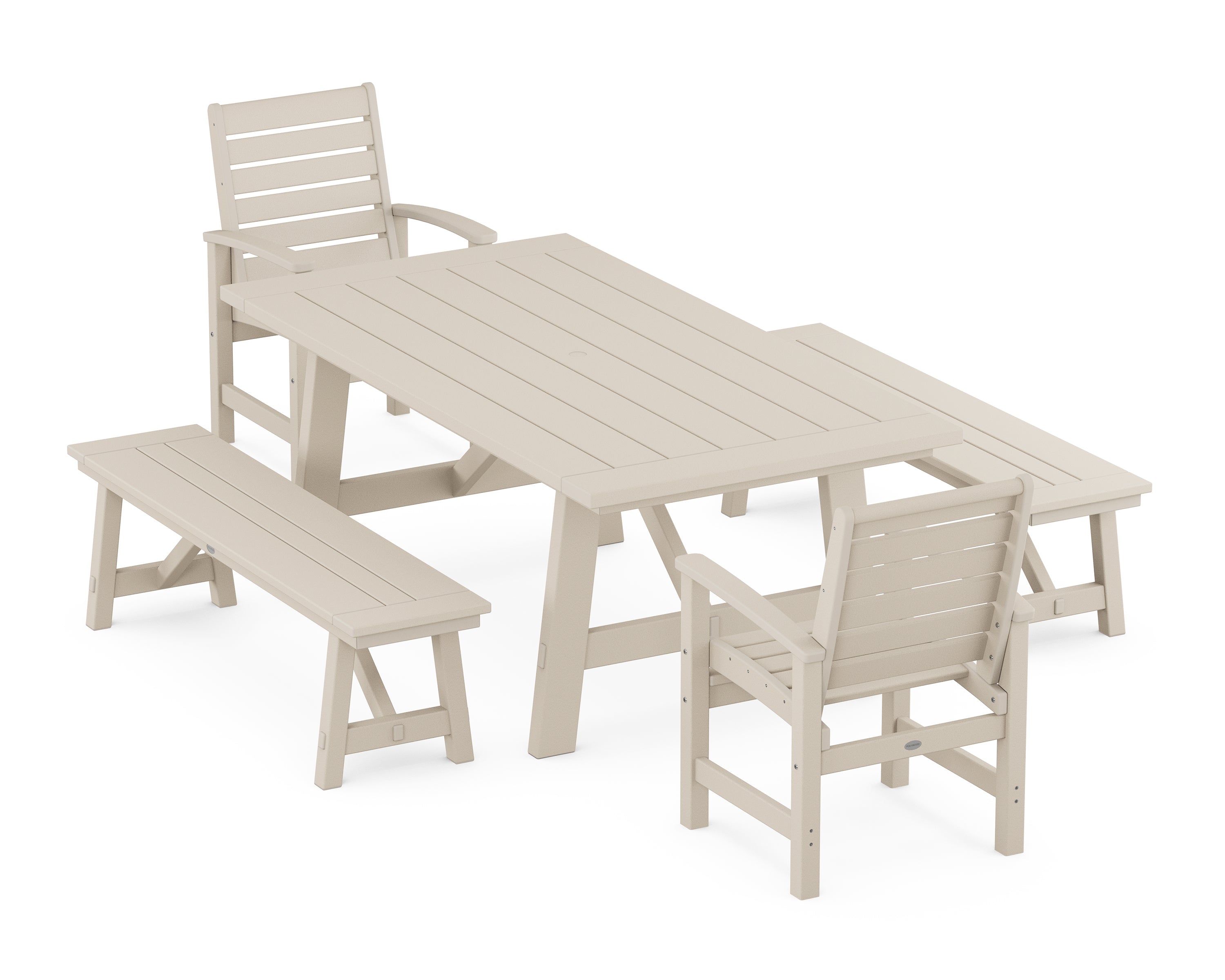 POLYWOOD® Signature 5-Piece Rustic Farmhouse Dining Set With Benches in Sand