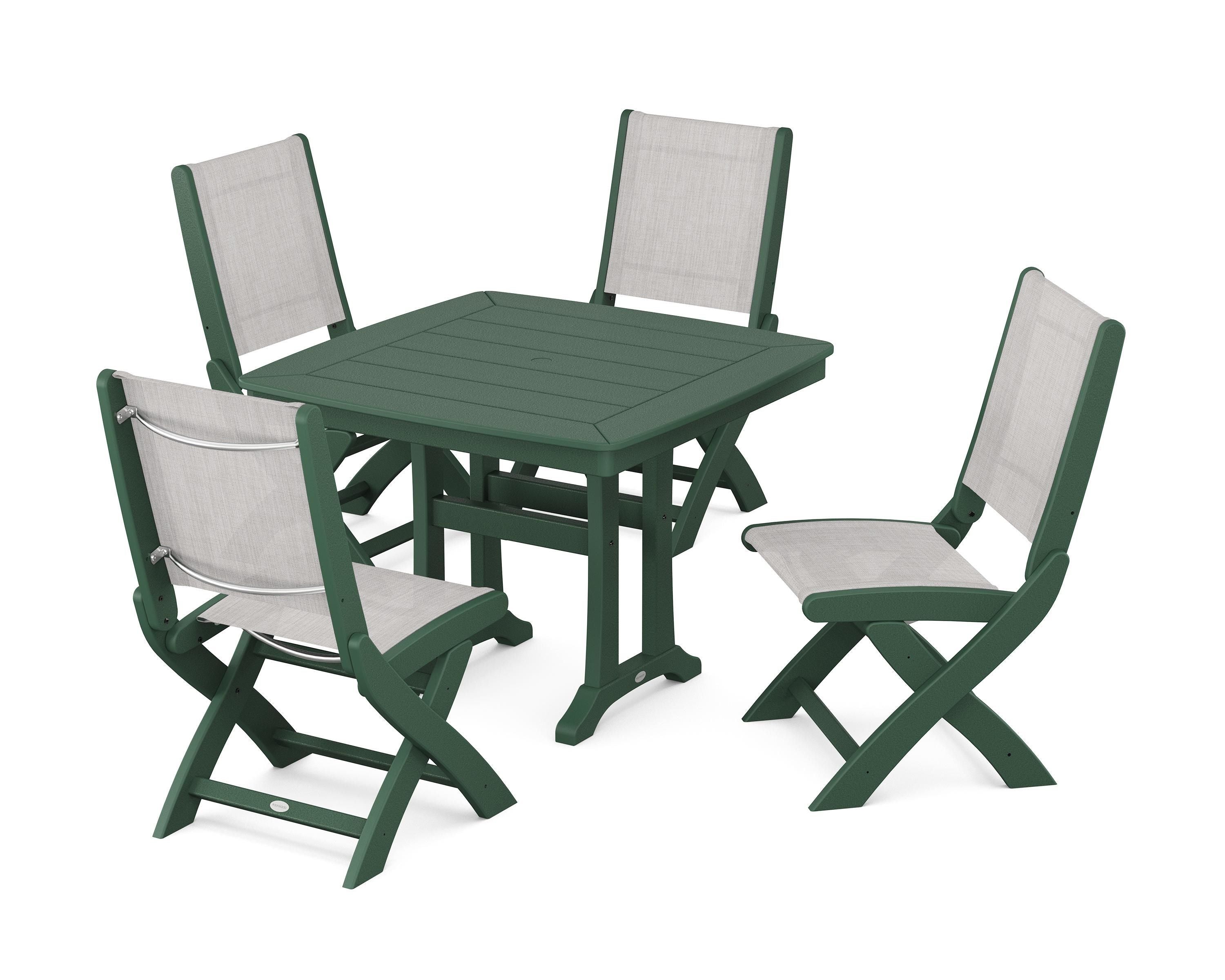 POLYWOOD Coastal Folding Side Chair 5-Piece Dining Set with Trestle Legs in Green / Parchment Sling