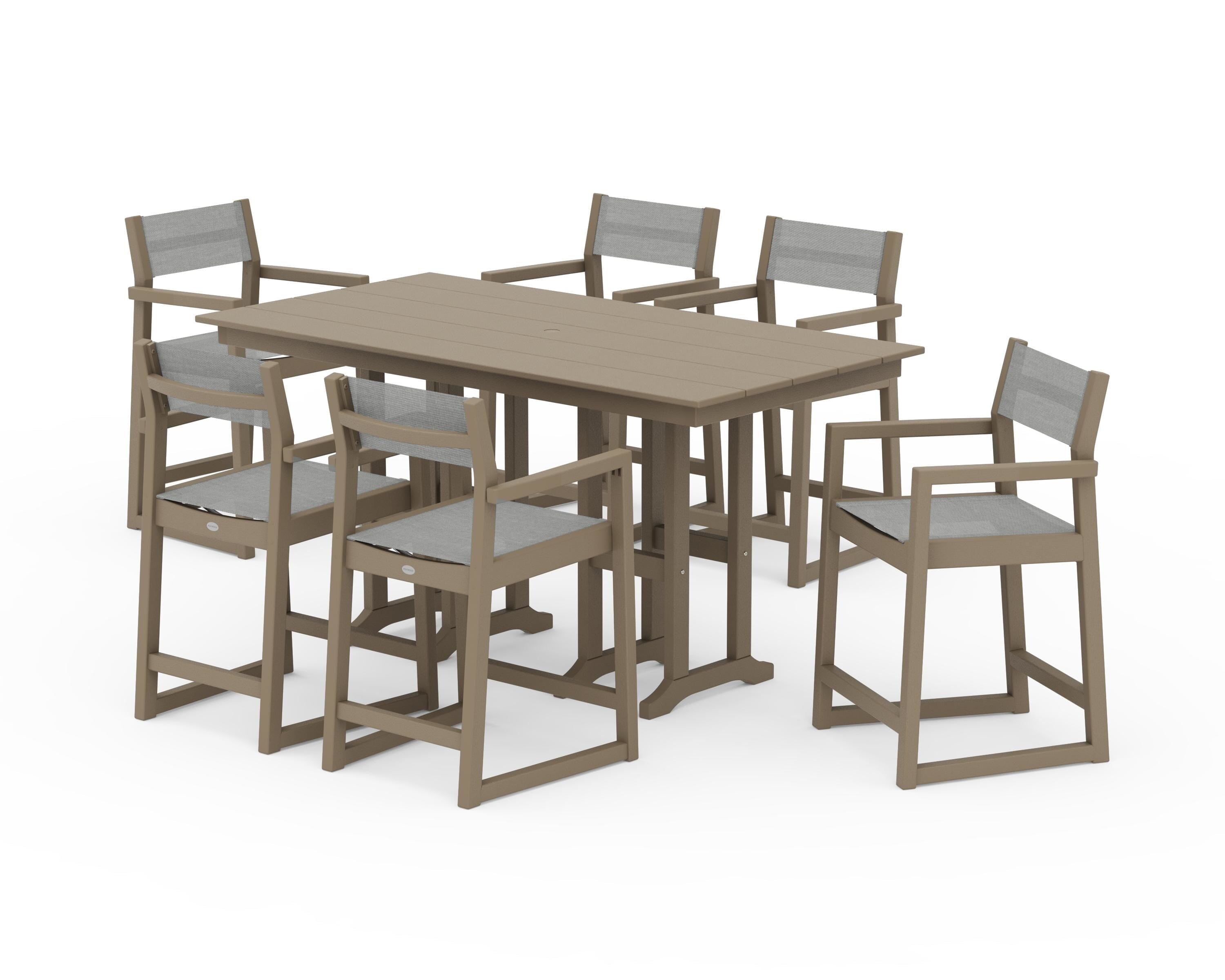 POLYWOOD EDGE Sling Arm Chair 7-Piece Farmhouse Counter Set in Vintage Sahara / Metallic Sling