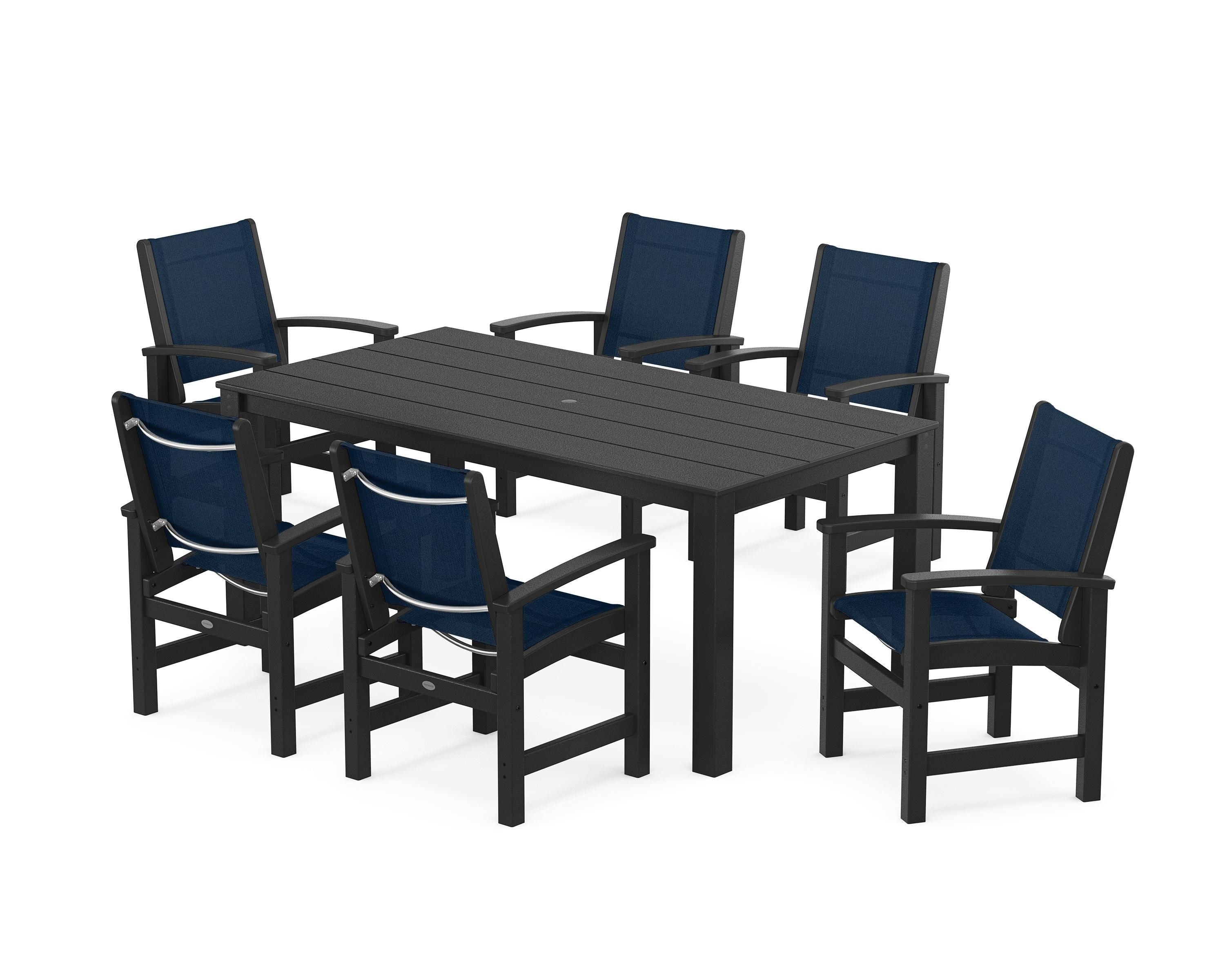 POLYWOOD Coastal 7-Piece Parsons Dining Set in Black / Navy Blue Sling
