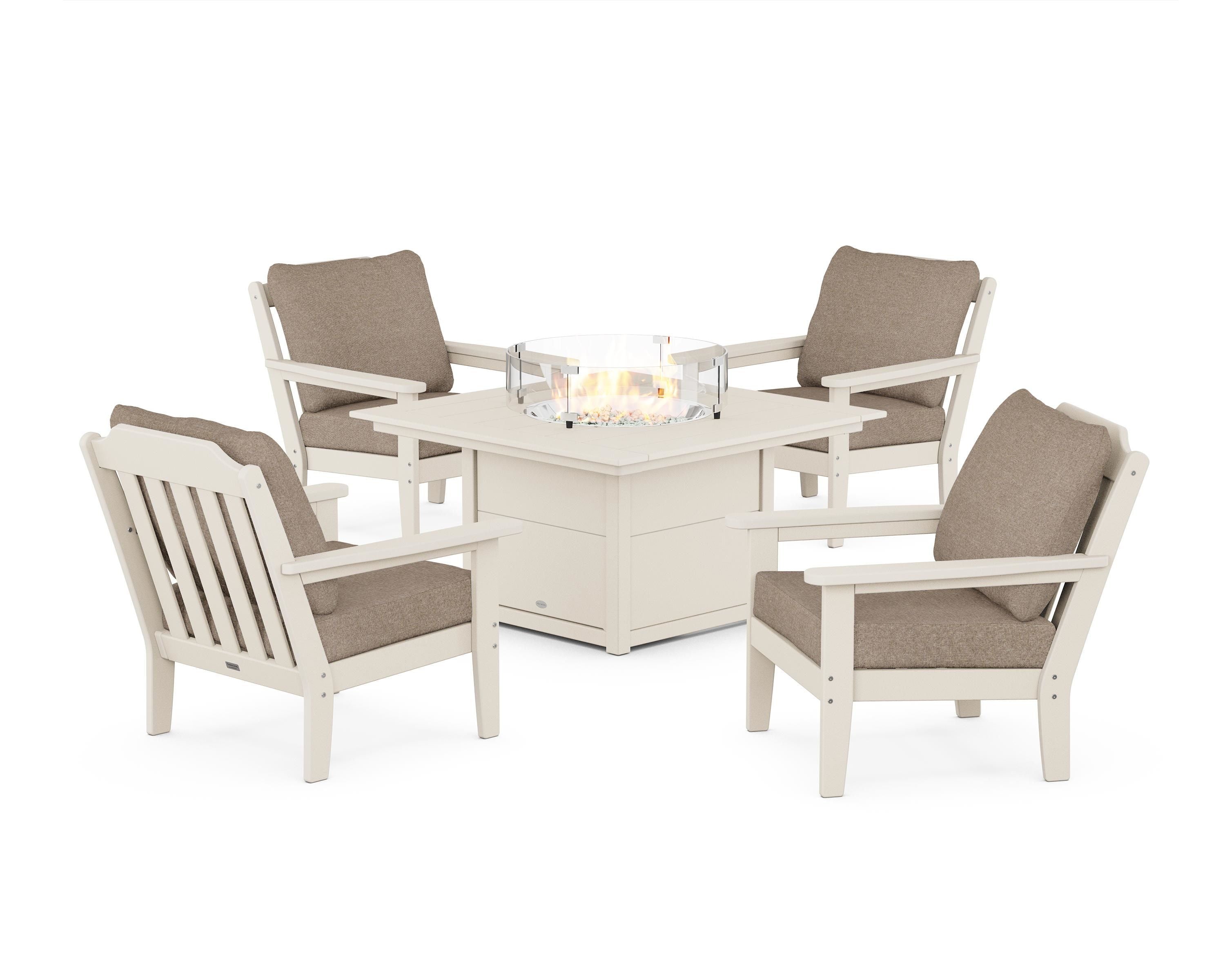 Country Living Cottage 5-Piece Deep Seating Set with Fire Pit Table in Sand / Spiced Burlap