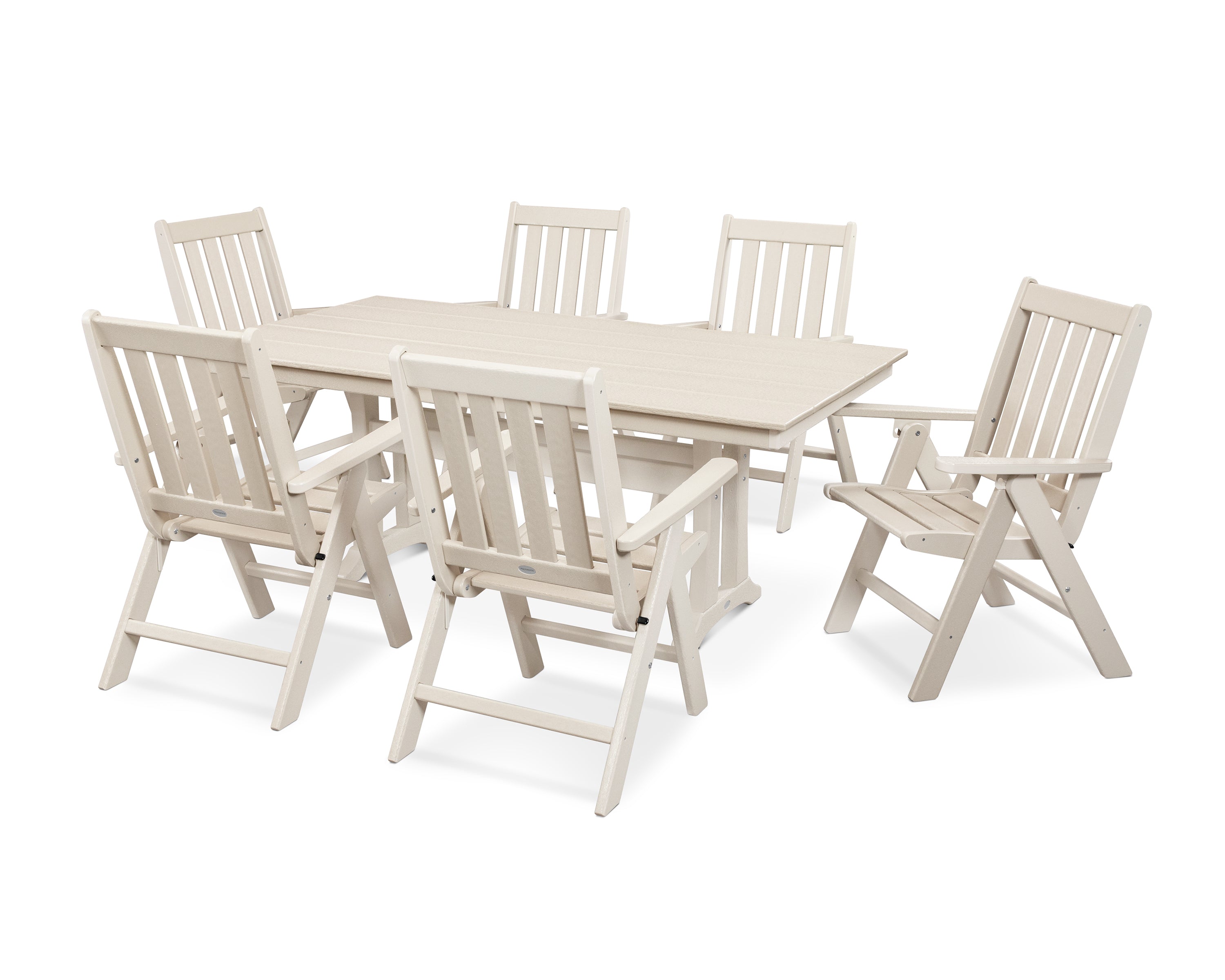 POLYWOOD® Vineyard Folding Chair 7-Piece Farmhouse Dining Set with Trestle Legs in Sand