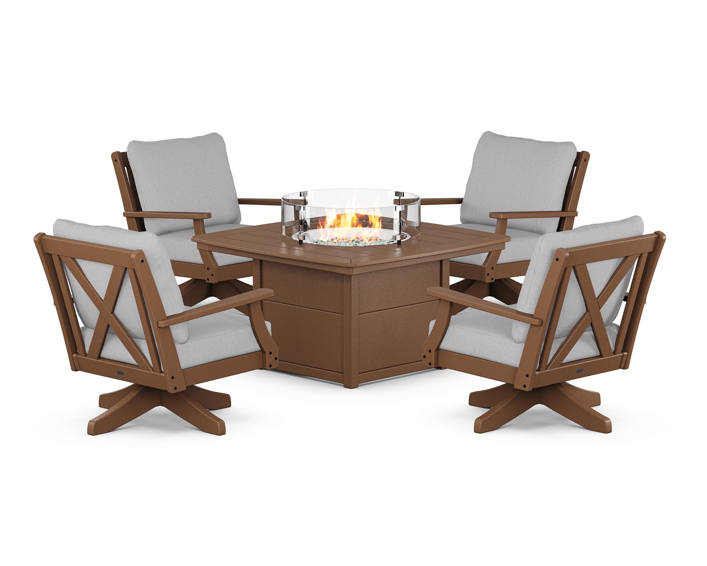 POLYWOOD Braxton 5-Piece Deep Seating Swivel Conversation Set with Fire Pit Table in Teak / Granite