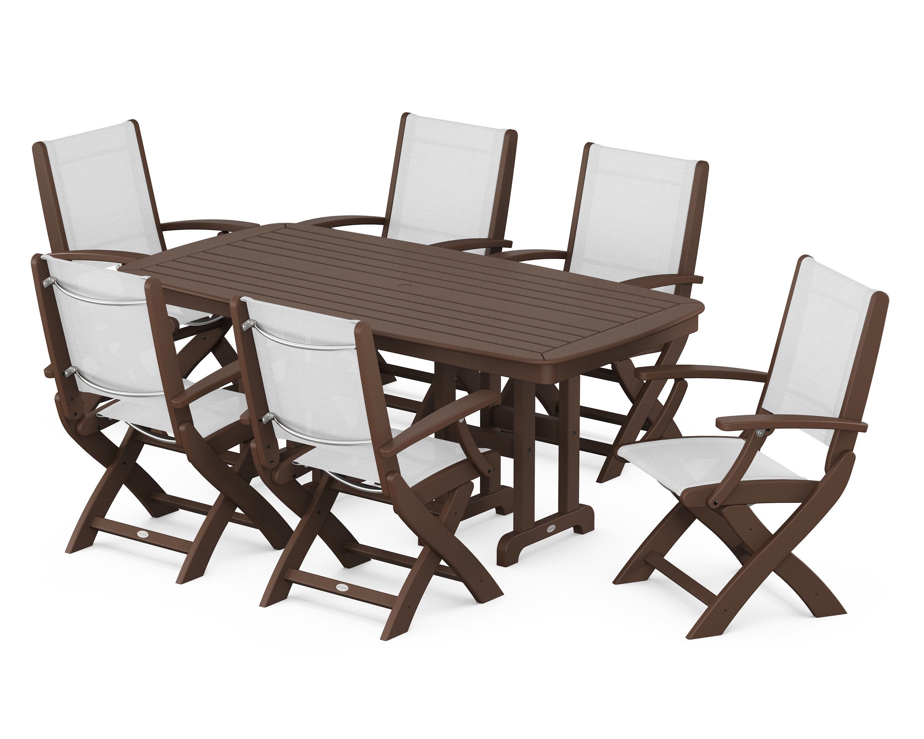 POLYWOOD Coastal Folding Arm Chair 7-Piece Dining Set in Mahogany / White Sling