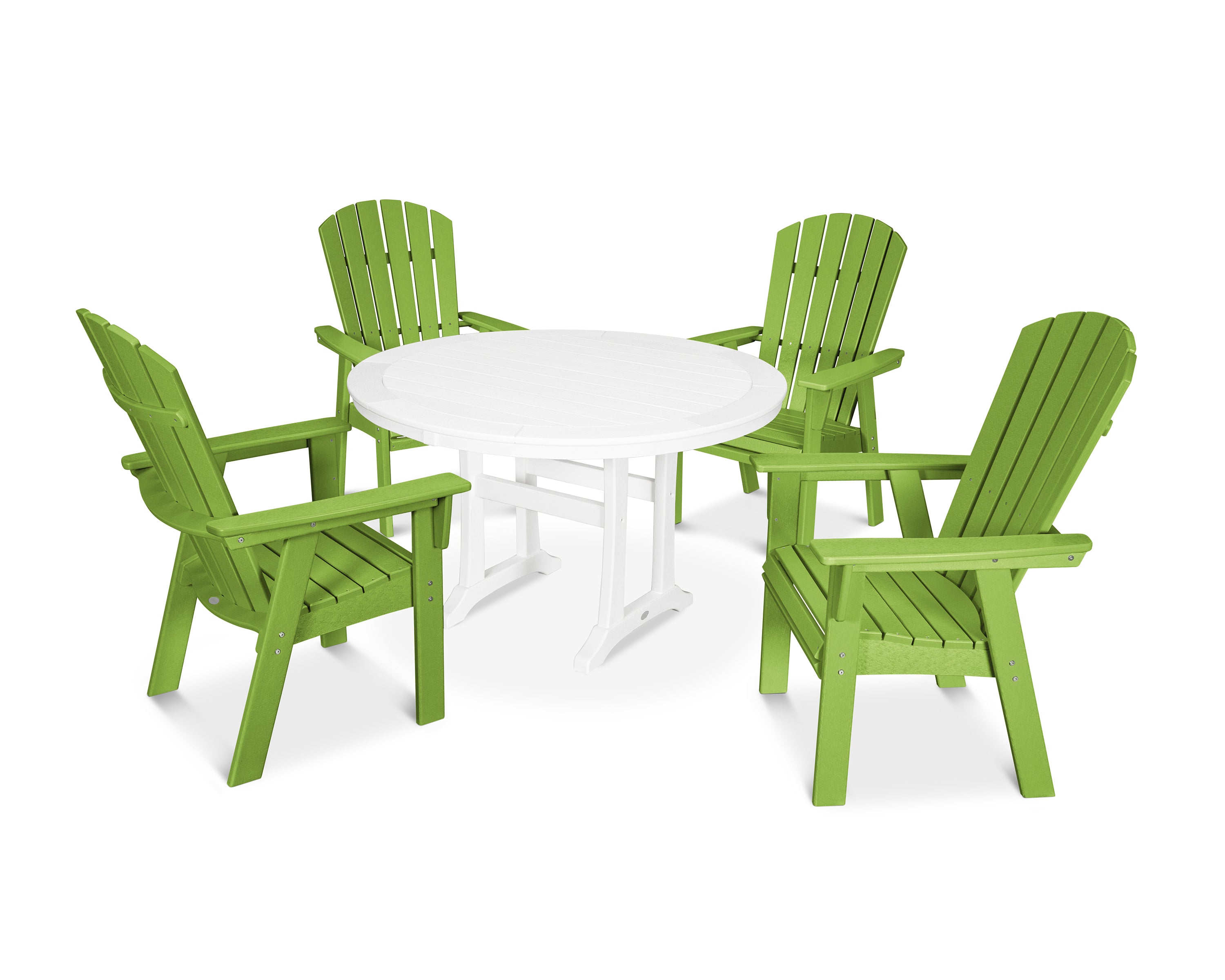 POLYWOOD® Nautical Curveback Adirondack 5-Piece Round Dining Set with Trestle Legs in Lime / White