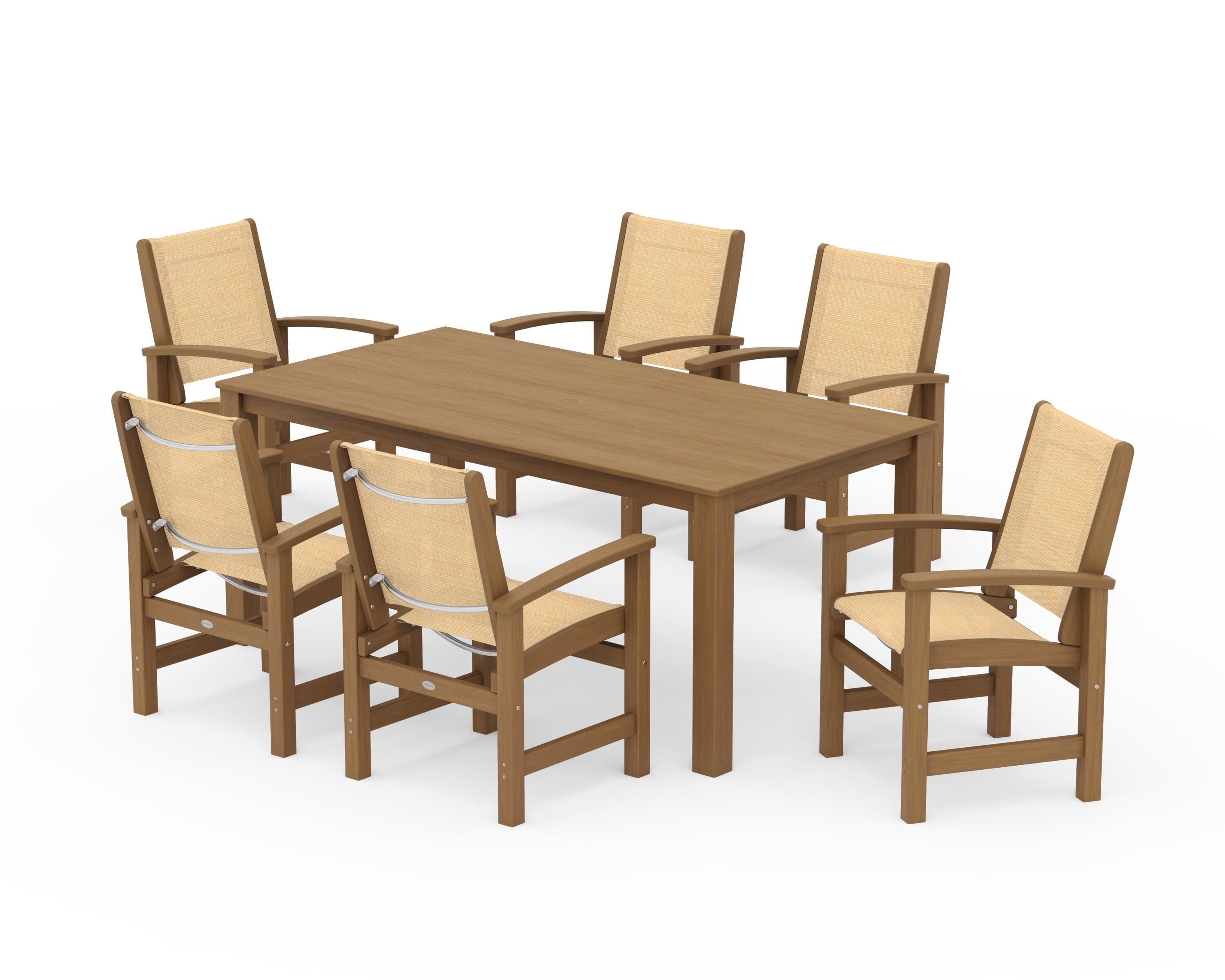 POLYWOOD Coastal 7-Piece Parsons Dining Set in Natural / Dupioni Apricot Sling