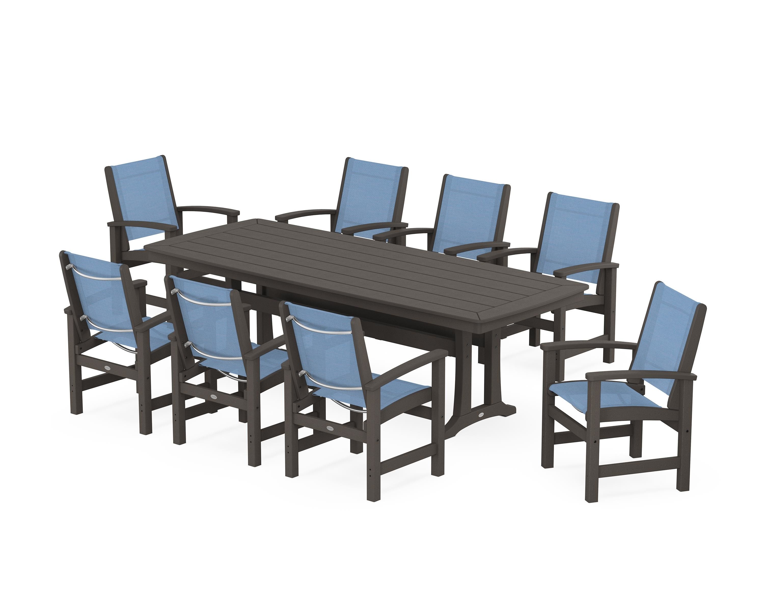 POLYWOOD Coastal 9-Piece Dining Set with Trestle Legs in Vintage Coffee / Poolside Sling