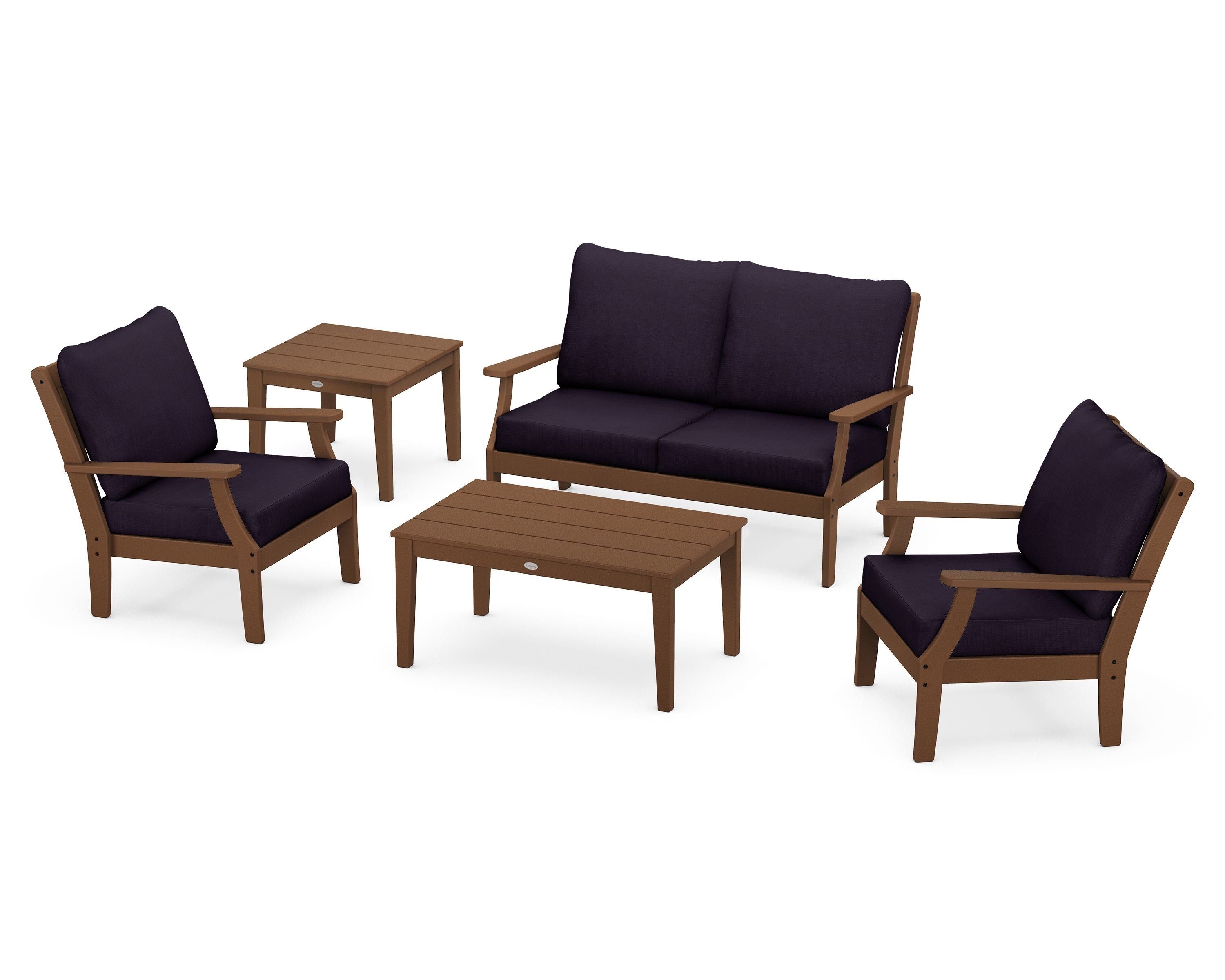 POLYWOOD Braxton 5-Piece Deep Seating Set in Teak / Navy Linen