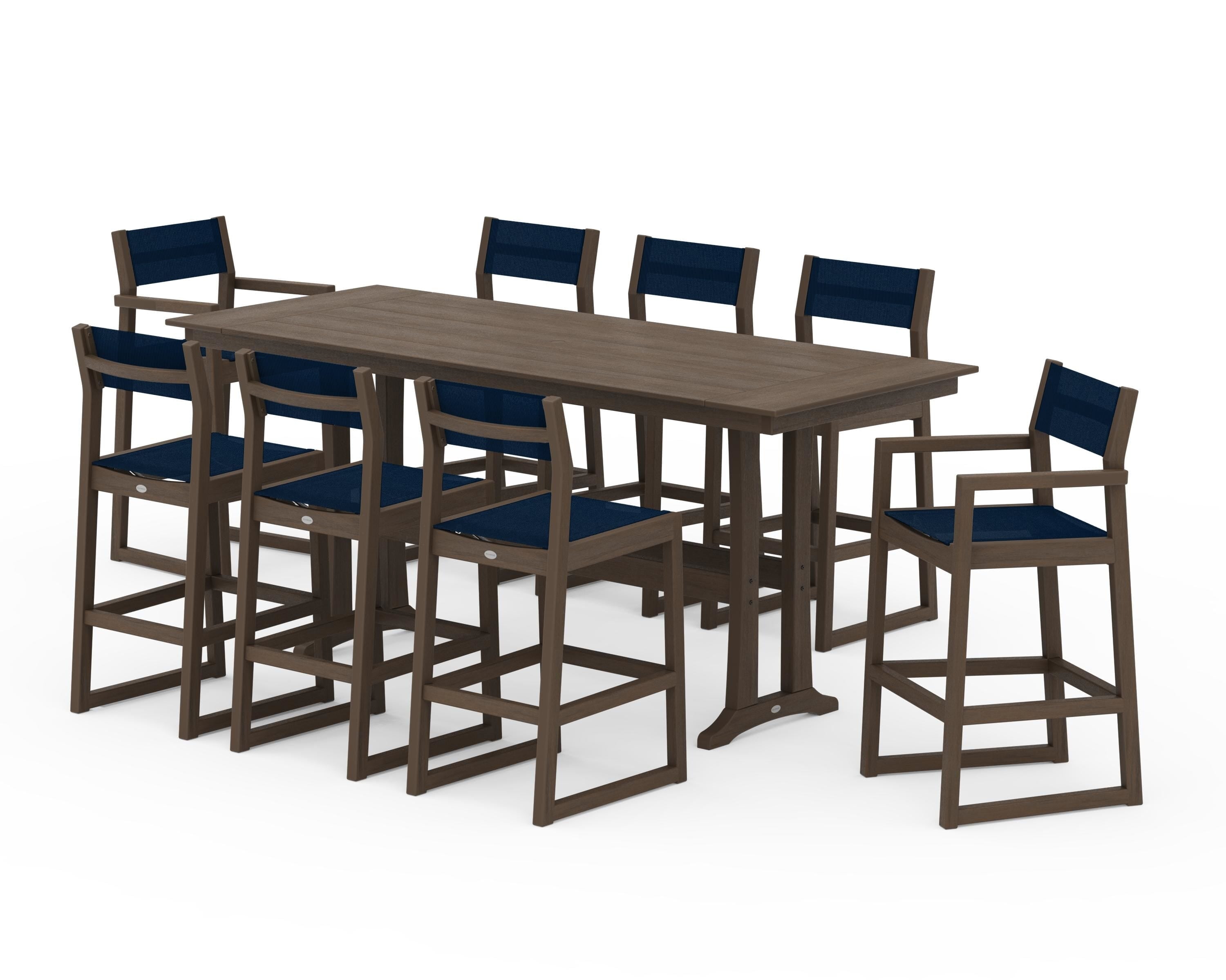 POLYWOOD EDGE Sling 9-Piece Farmhouse Bar Set with Trestle Legs in Kona / Navy Blue Sling
