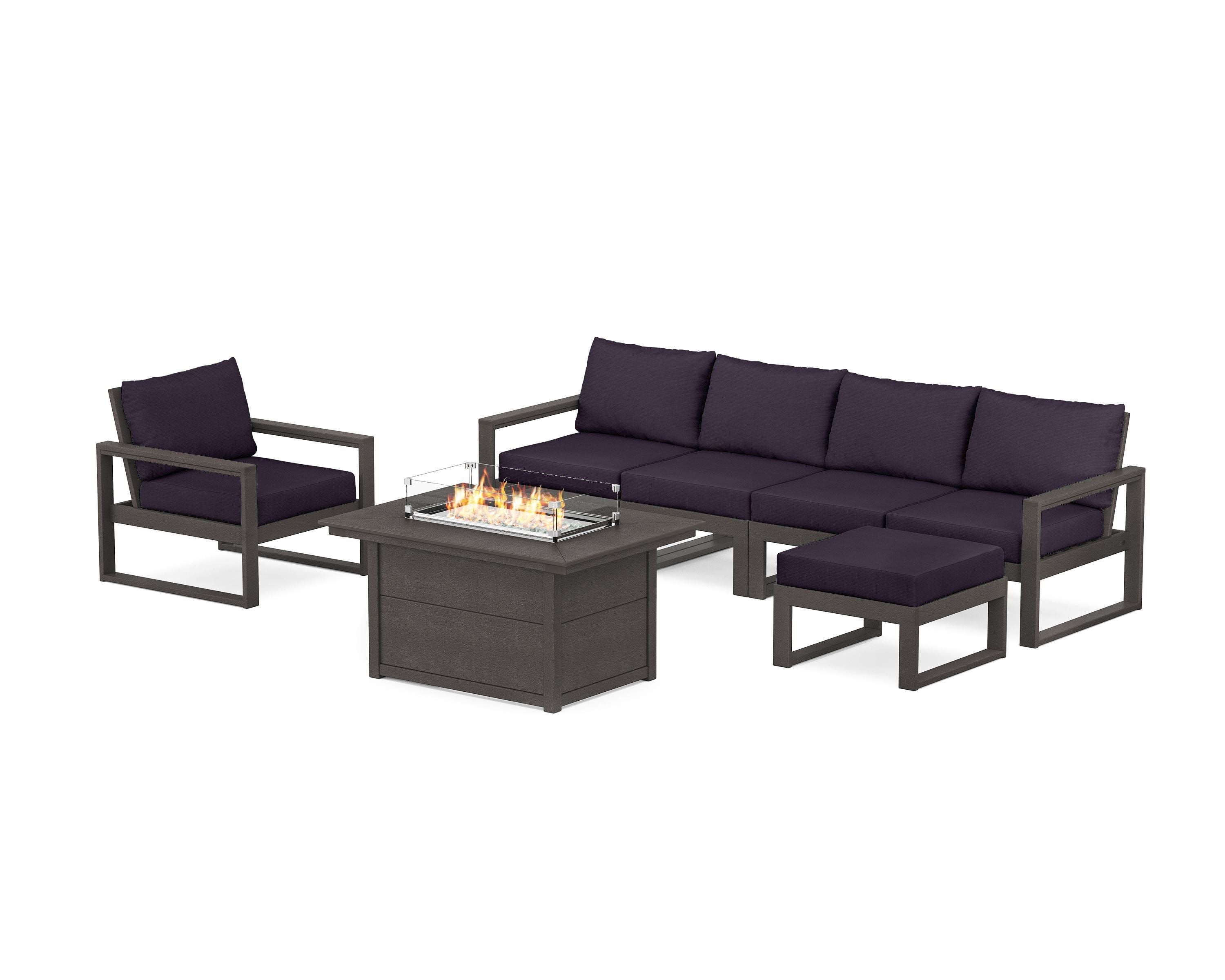 POLYWOOD EDGE Sectional Lounge and Fire Pit Set in Vintage Coffee / Navy Linen