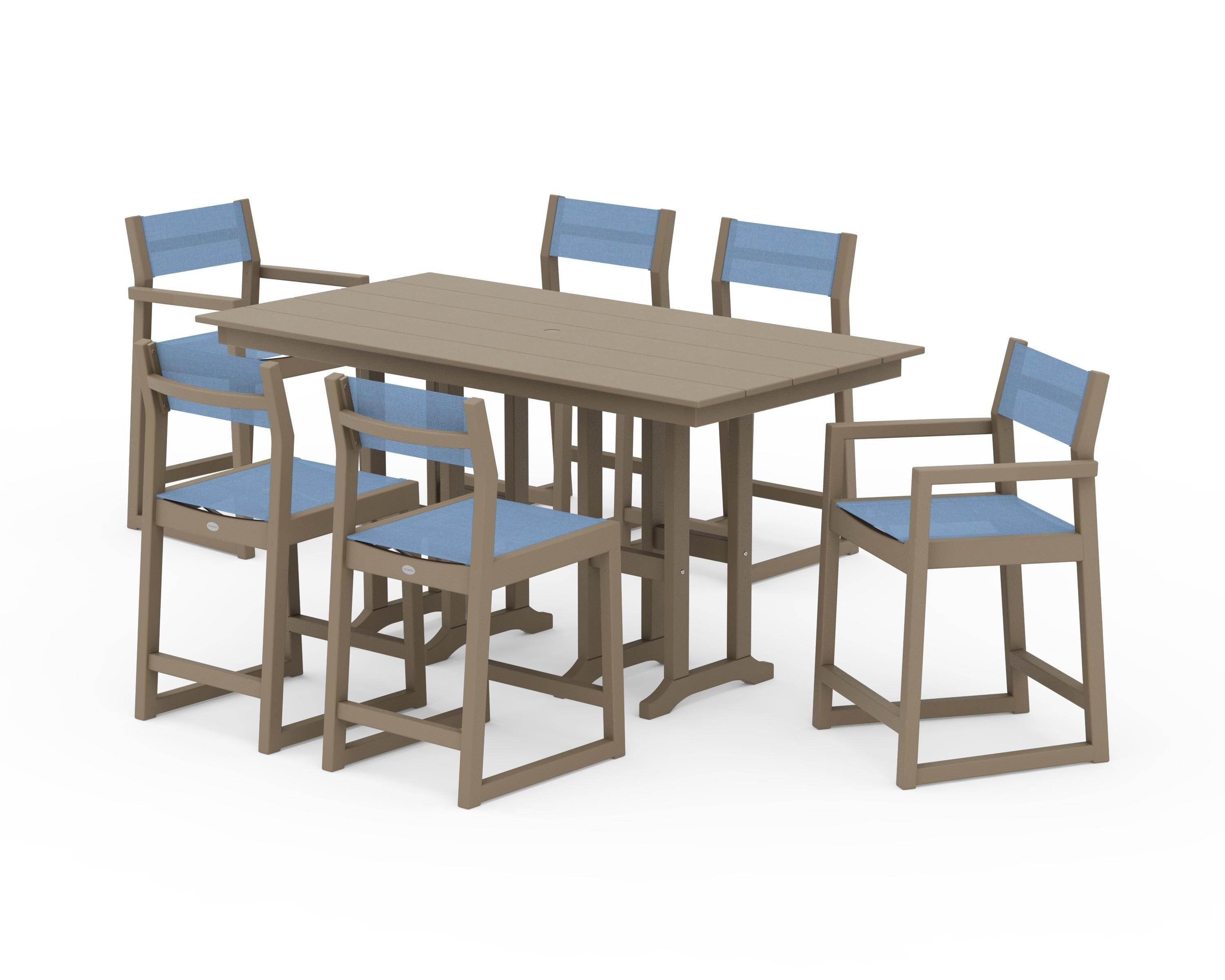 POLYWOOD EDGE Sling 7-Piece Farmhouse Counter Set in Vintage Sahara / Poolside Sling