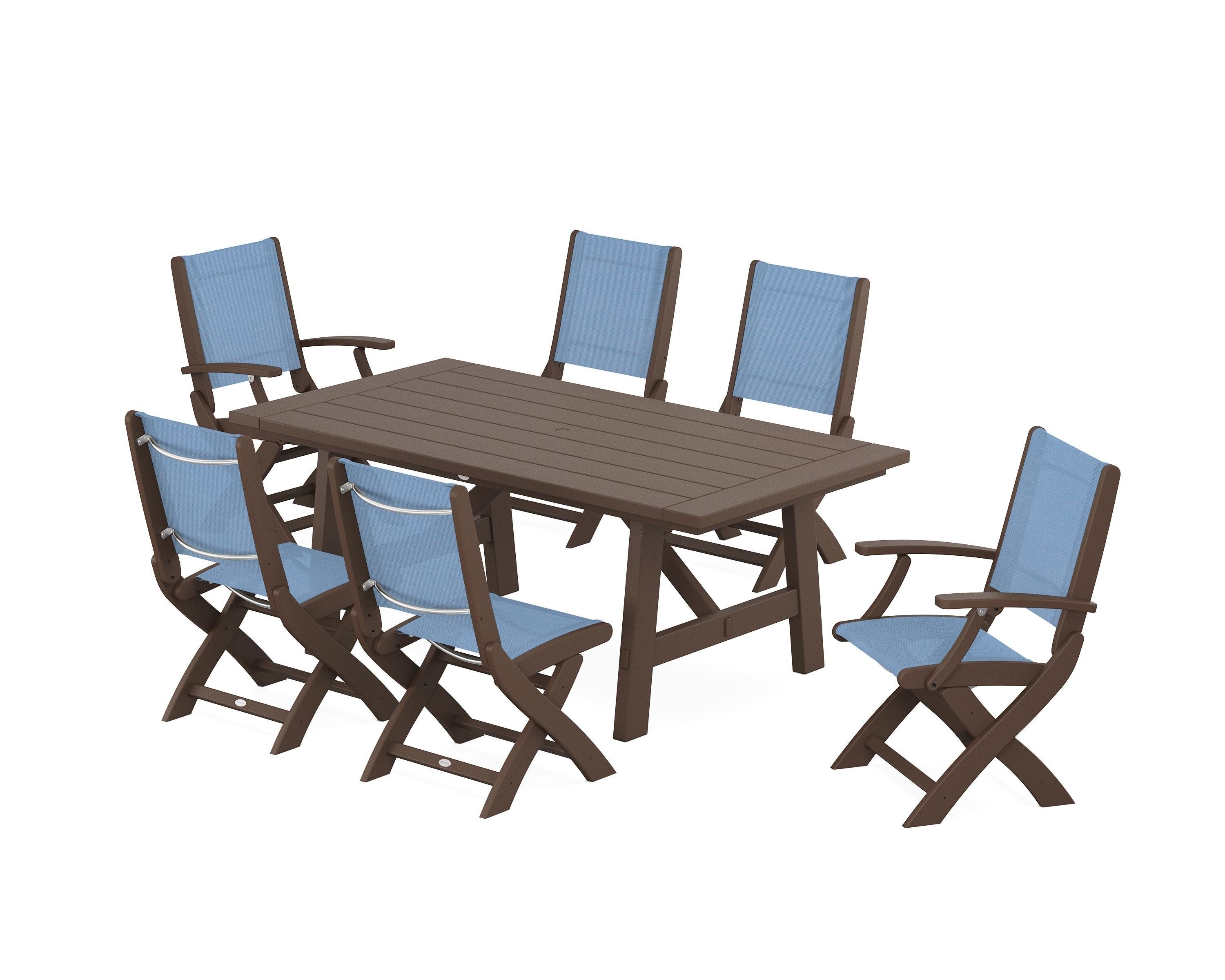 POLYWOOD Coastal Folding Chair 7-Piece Rustic Farmhouse Dining Set in Mahogany / Poolside Sling