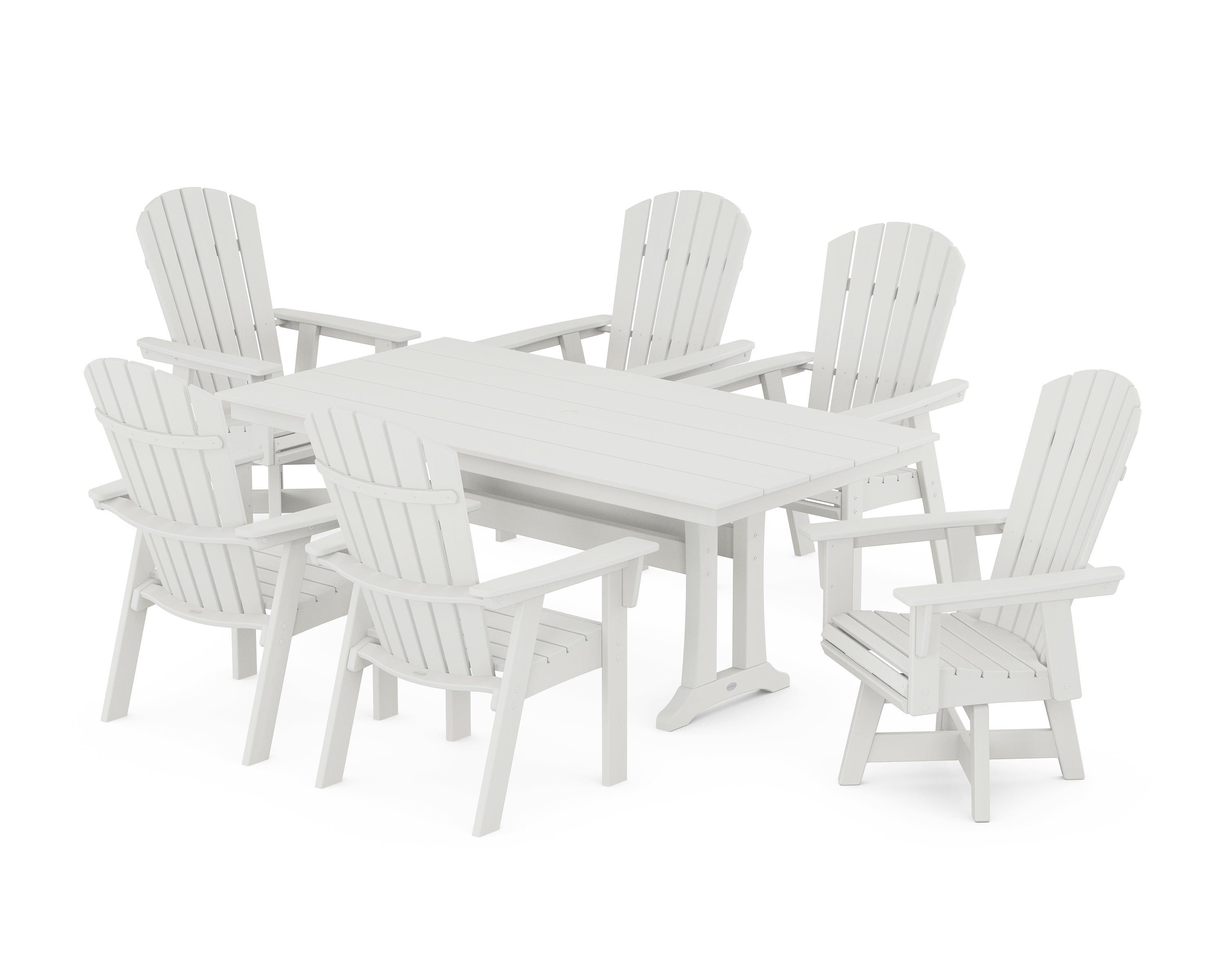POLYWOOD® Nautical Curveback Adirondack Swivel Chair 7-Piece Farmhouse Dining Set With Trestle Legs in Vintage White