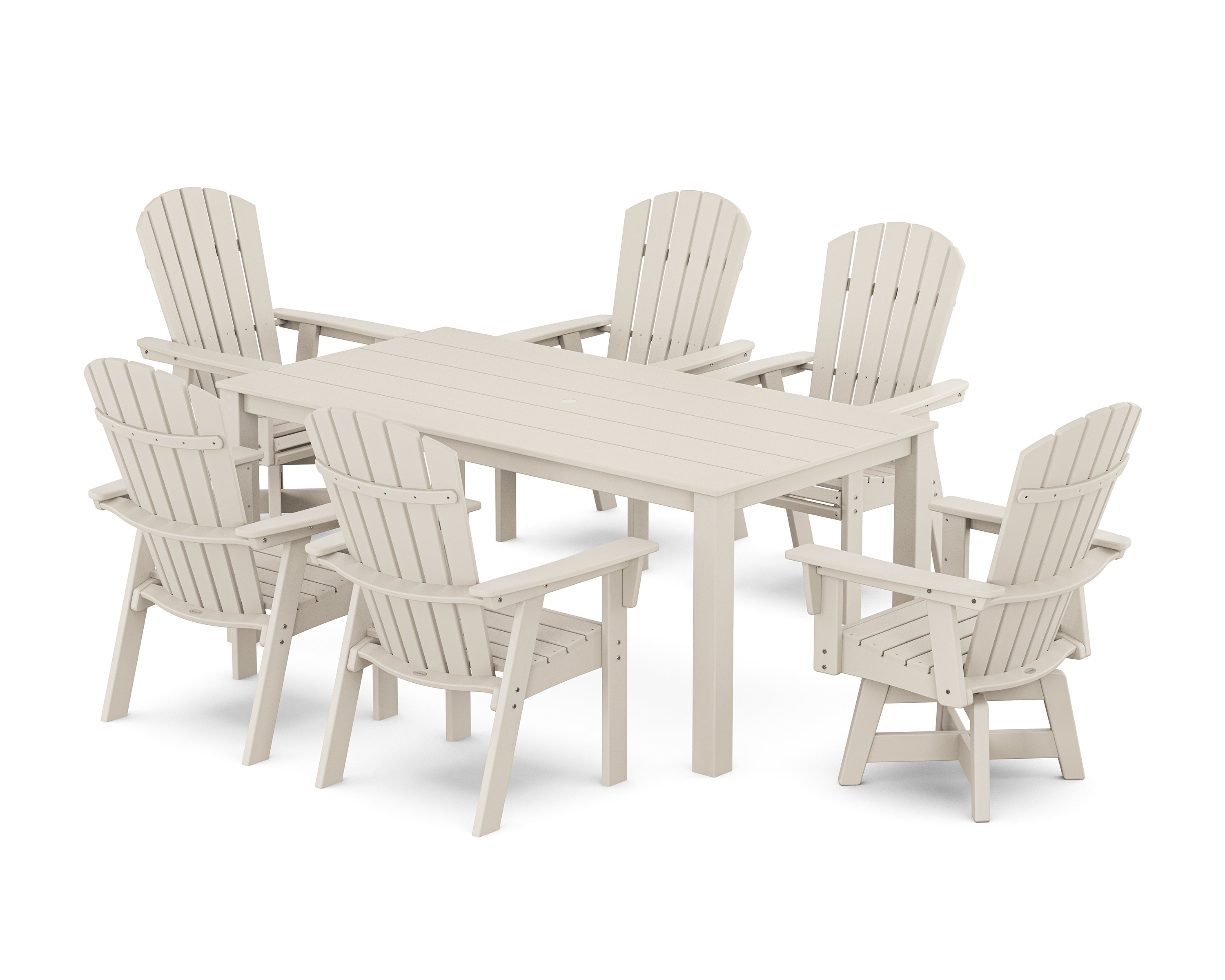 POLYWOOD® Nautical Curveback Adirondack Swivel 7-Piece Parsons Dining Set in Sand