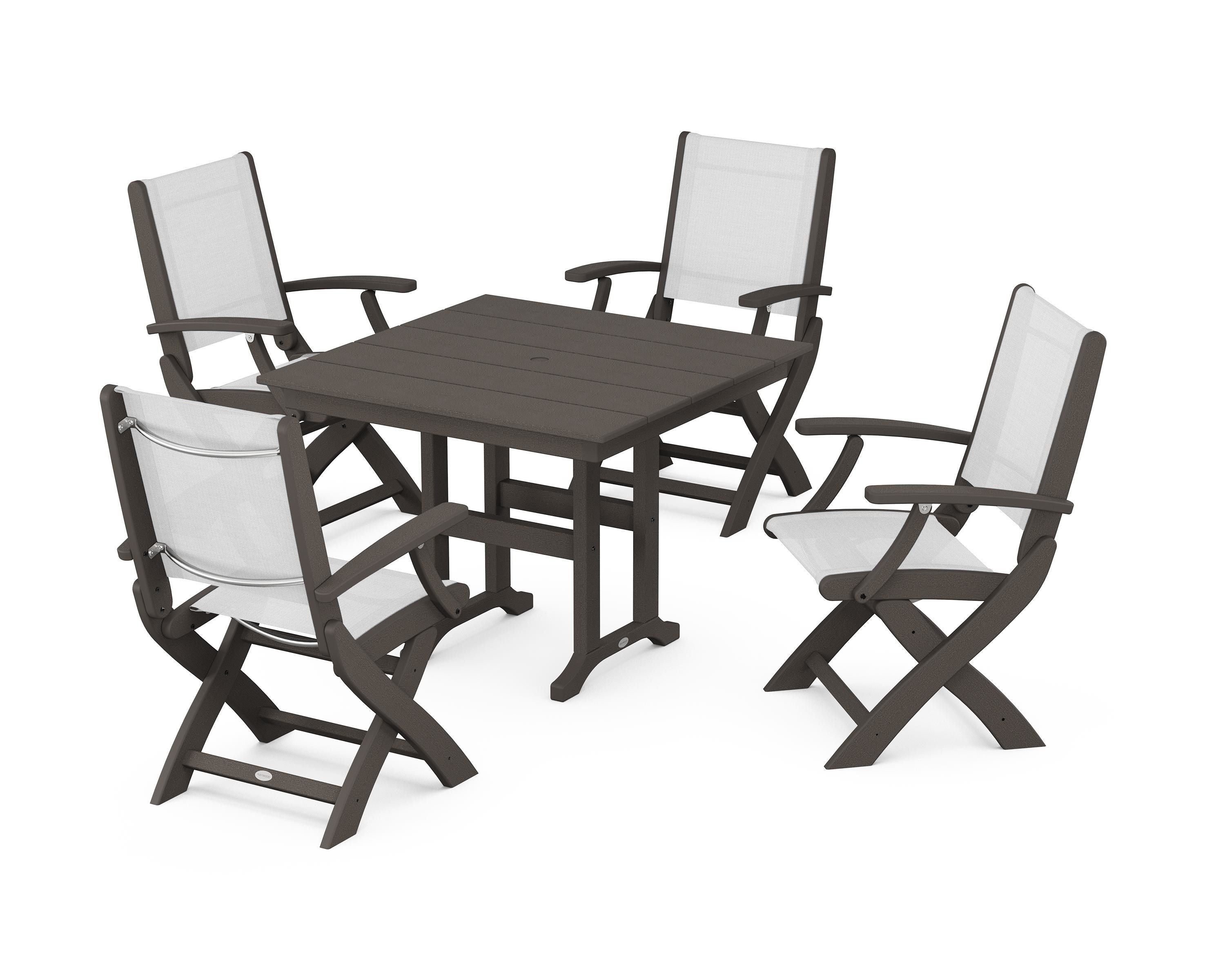 POLYWOOD Coastal Folding Chair 5-Piece Farmhouse Dining Set in Vintage Coffee / White Sling