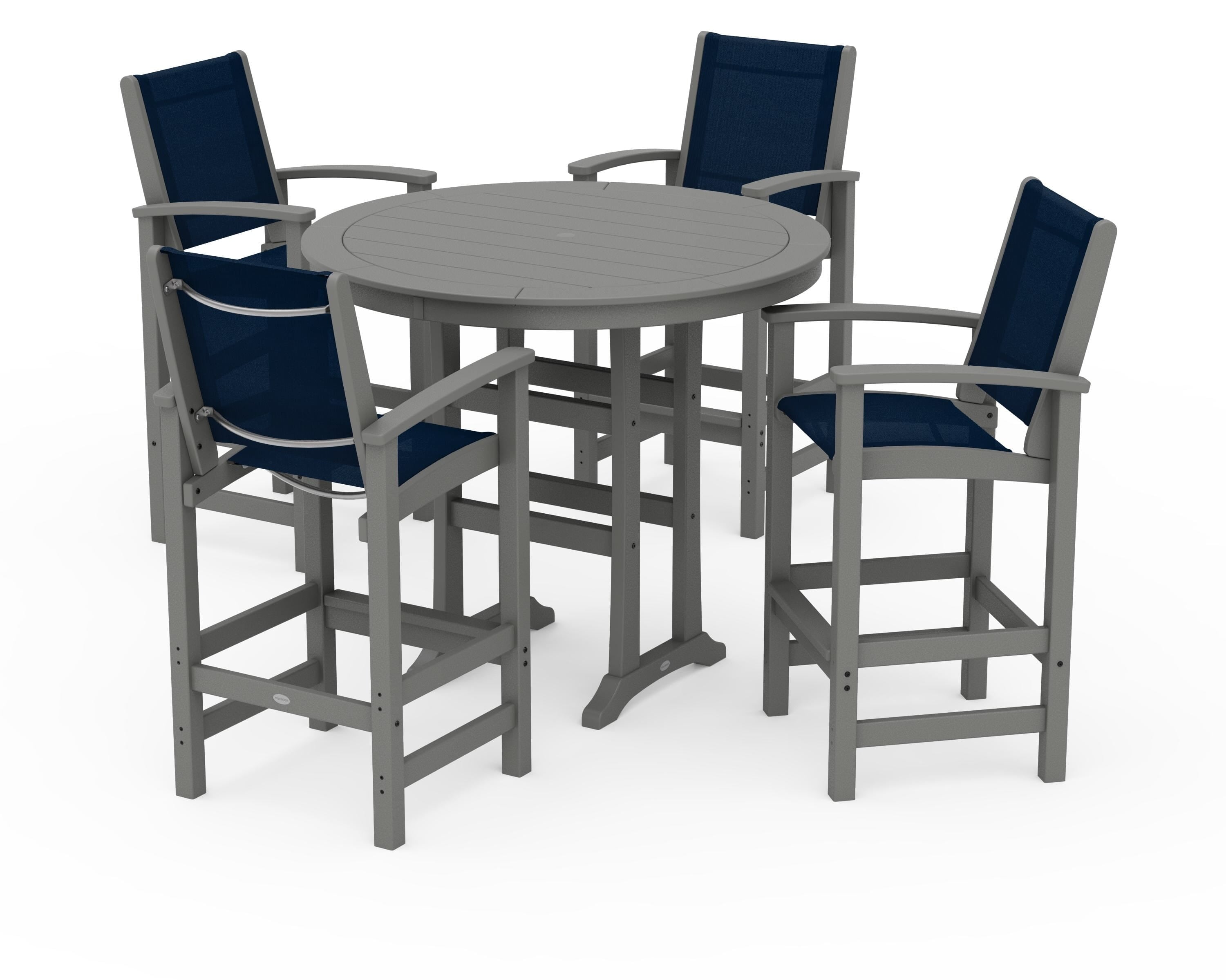 POLYWOOD Coastal 5-Piece Nautical Trestle Bar Set in Slate Grey / Navy Blue Sling