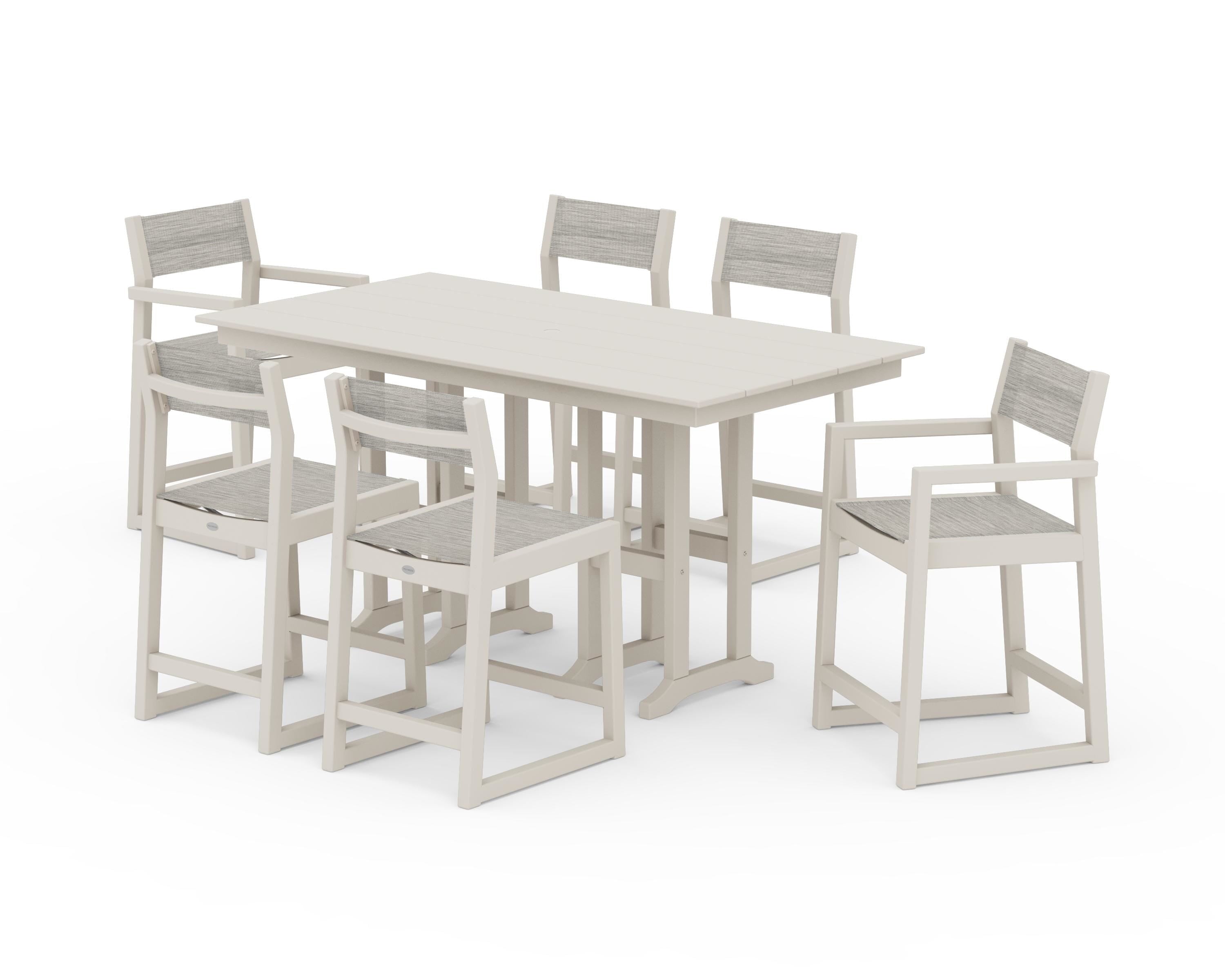 POLYWOOD EDGE Sling 7-Piece Farmhouse Counter Set with Trestle Legs in Sand / Birch Sling
