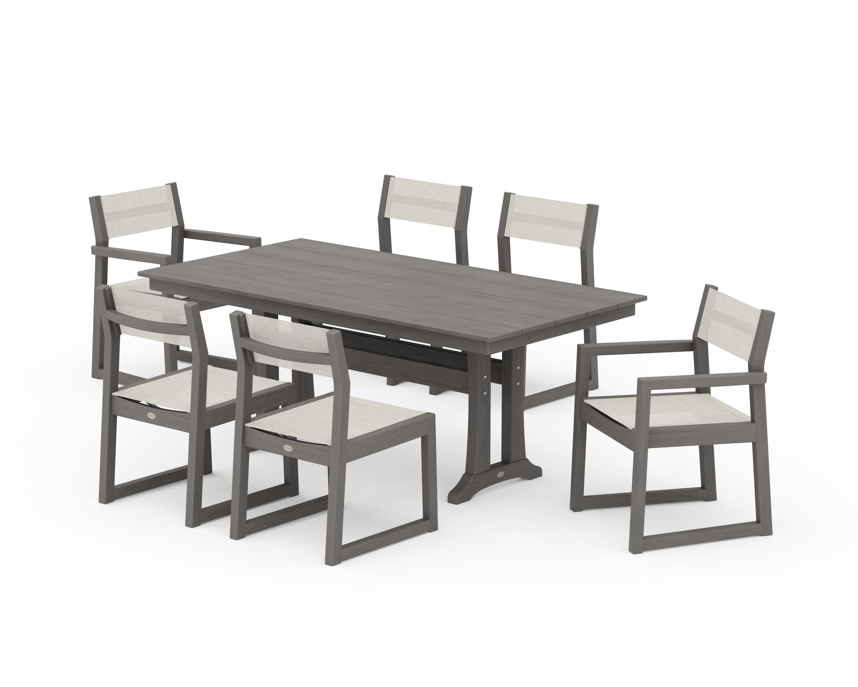 POLYWOOD EDGE Sling 7-Piece Farmhouse Trestle Dining Set in Driftwood / Parchment Sling