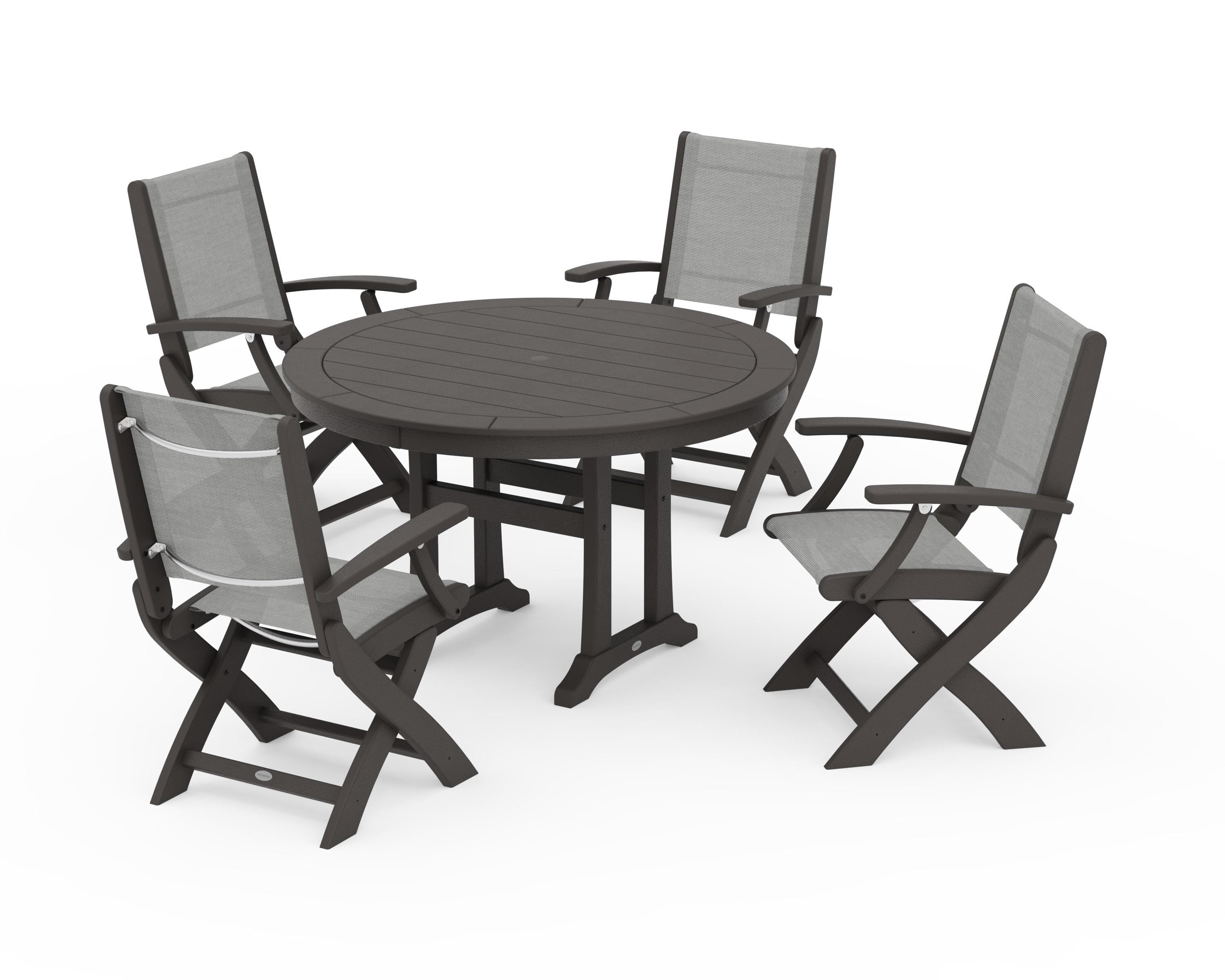 POLYWOOD Coastal Folding Chair 5-Piece Round Dining Set with Trestle Legs in Vintage Coffee / Metallic Sling