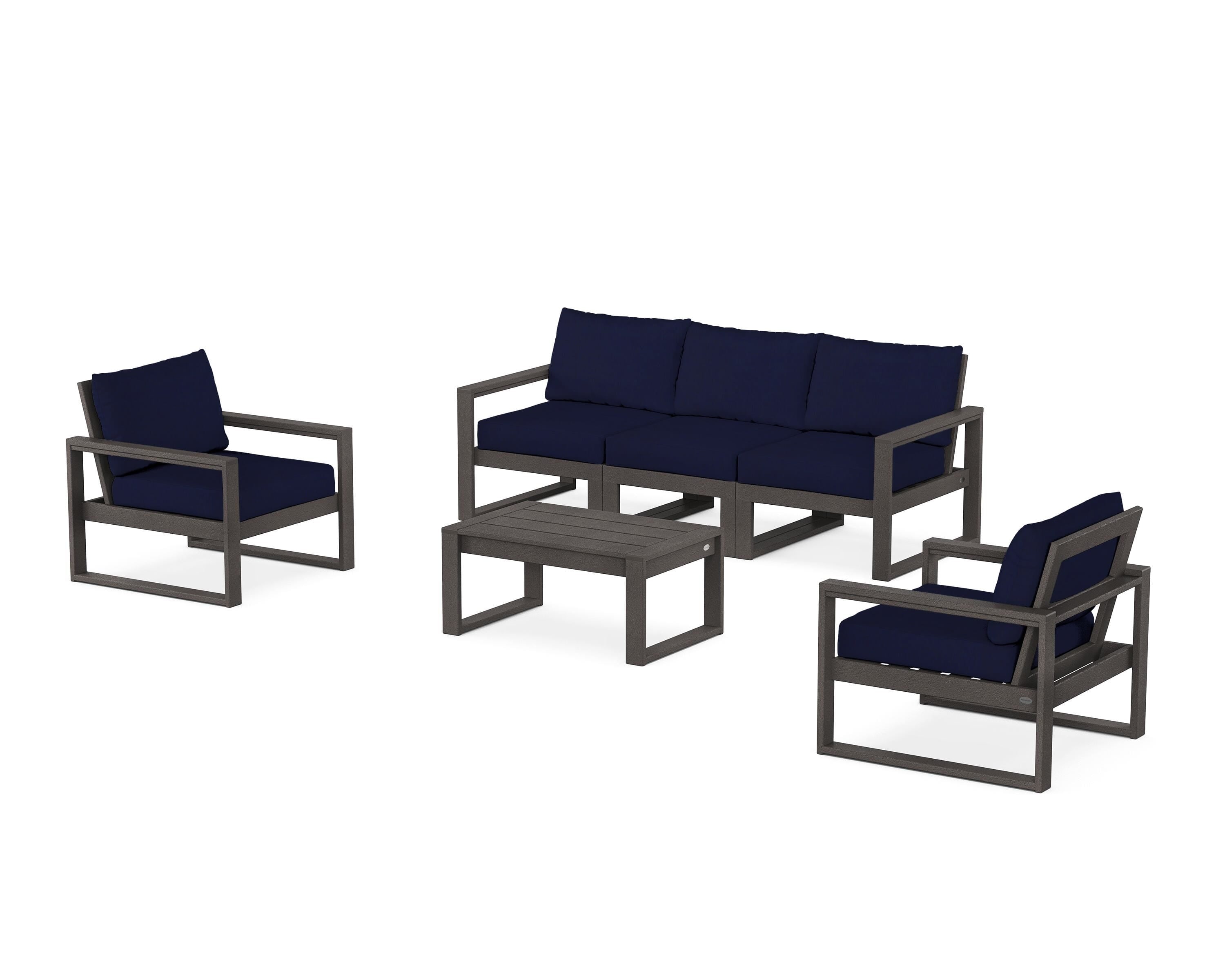 POLYWOOD EDGE Sectional 4-Piece Deep Seating Set with Sofa in Vintage Coffee / Navy