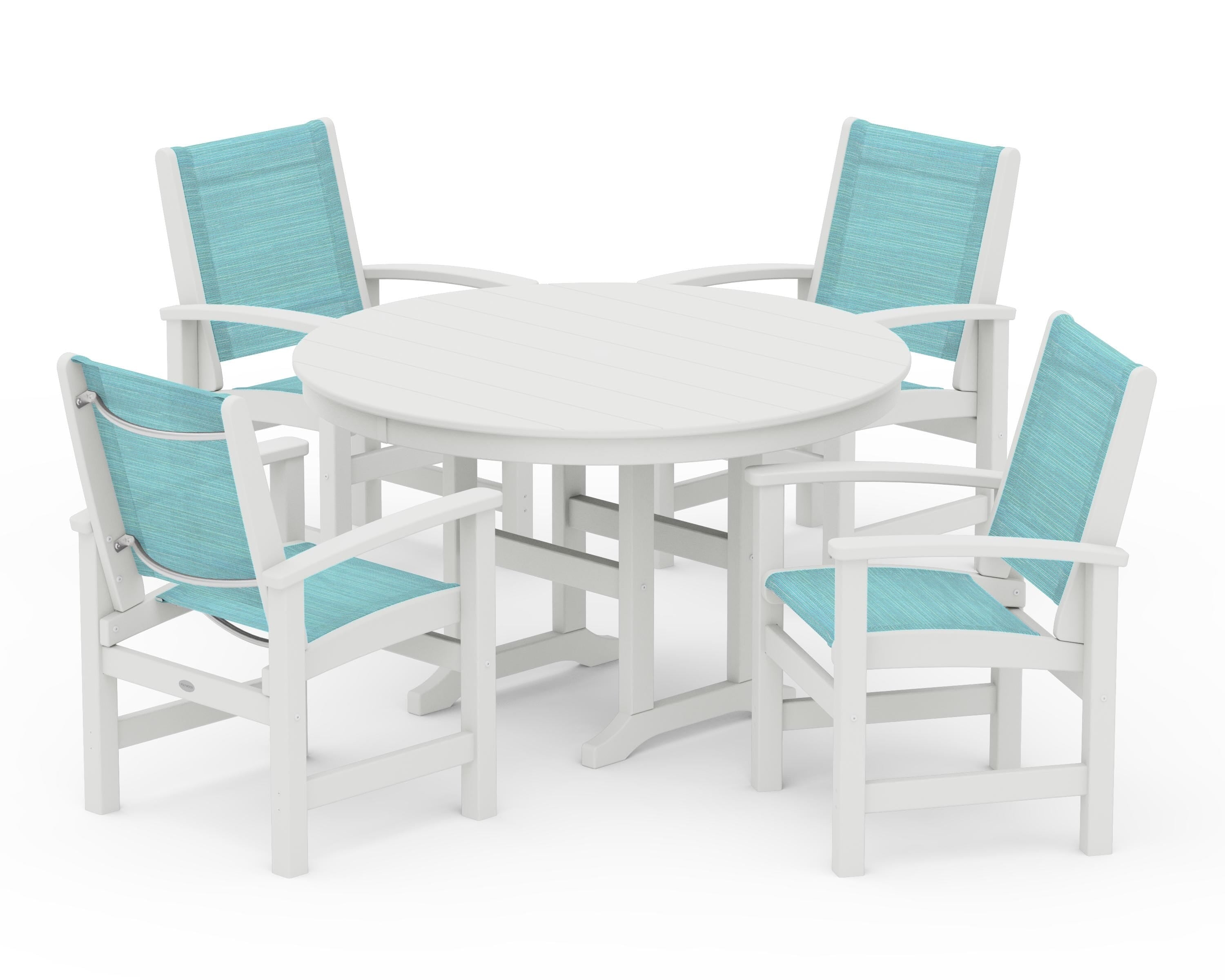 POLYWOOD Coastal 5-Piece Round Farmhouse Dining Set in Vintage White / Dupioni Aquamarine Sling
