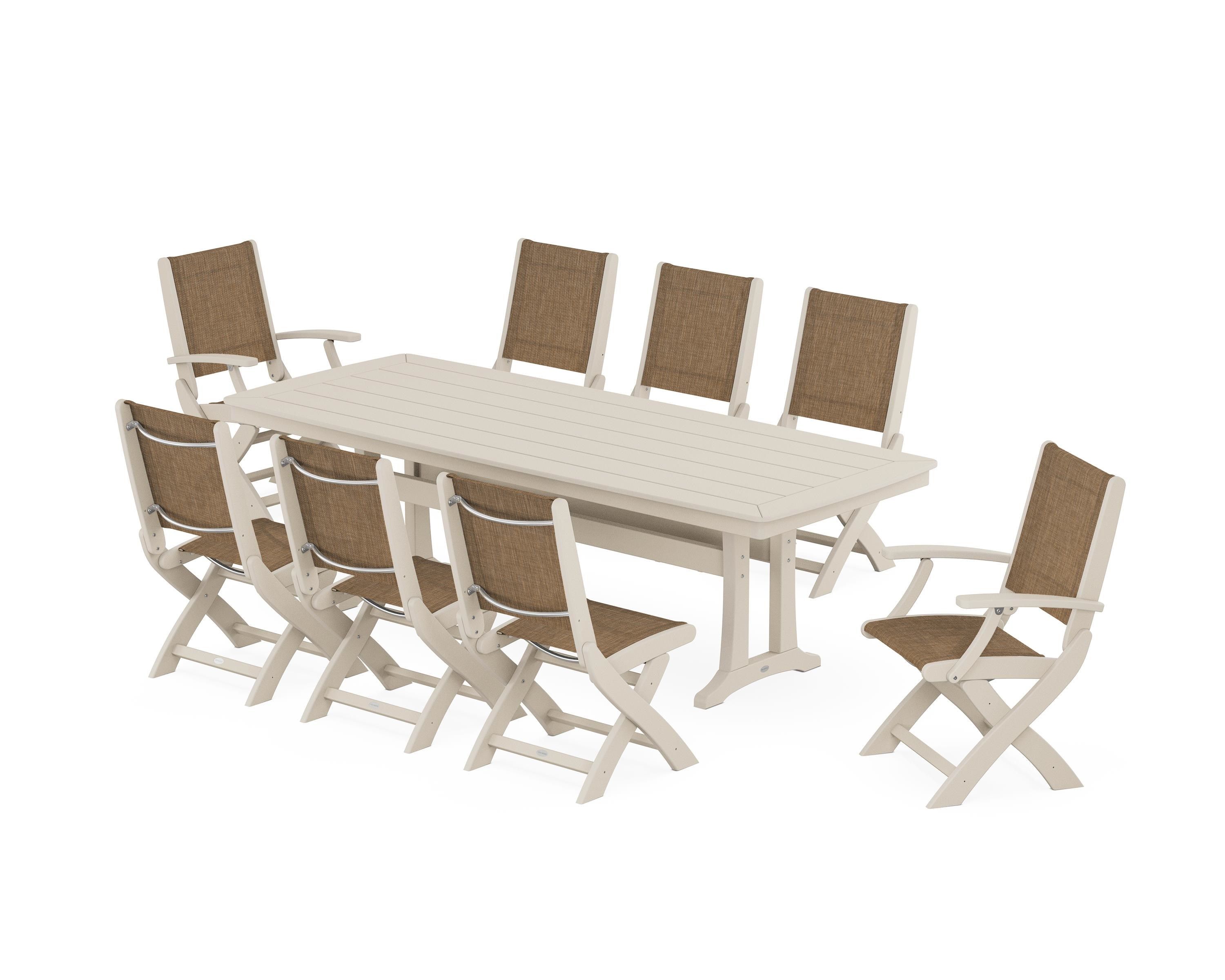 POLYWOOD Coastal Folding 9-Piece Dining Set with Trestle Legs in Sand / Burlap Sling