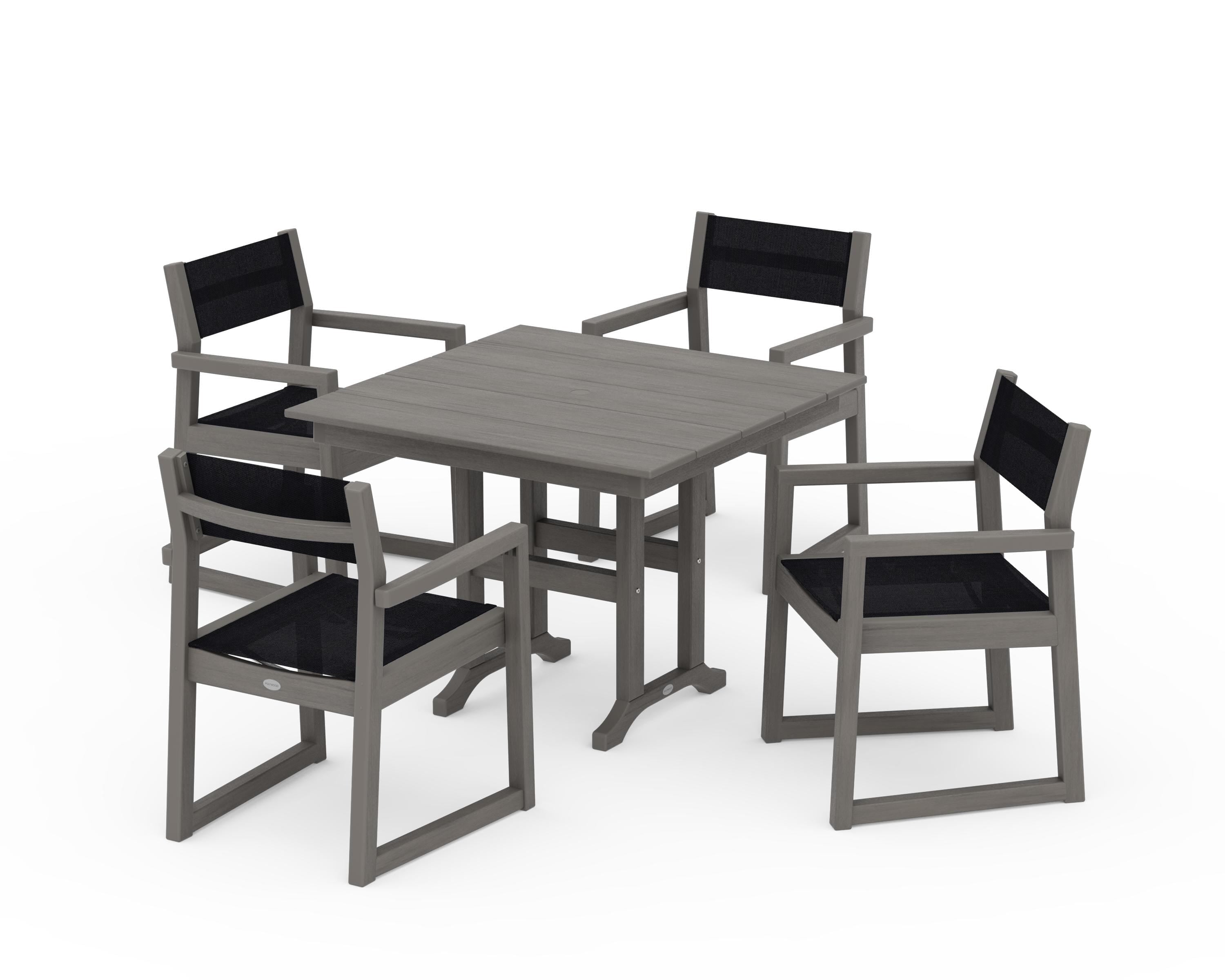POLYWOOD EDGE Sling Arm Chair 5-Piece Farmhouse Dining Set in Driftwood / Black Sling